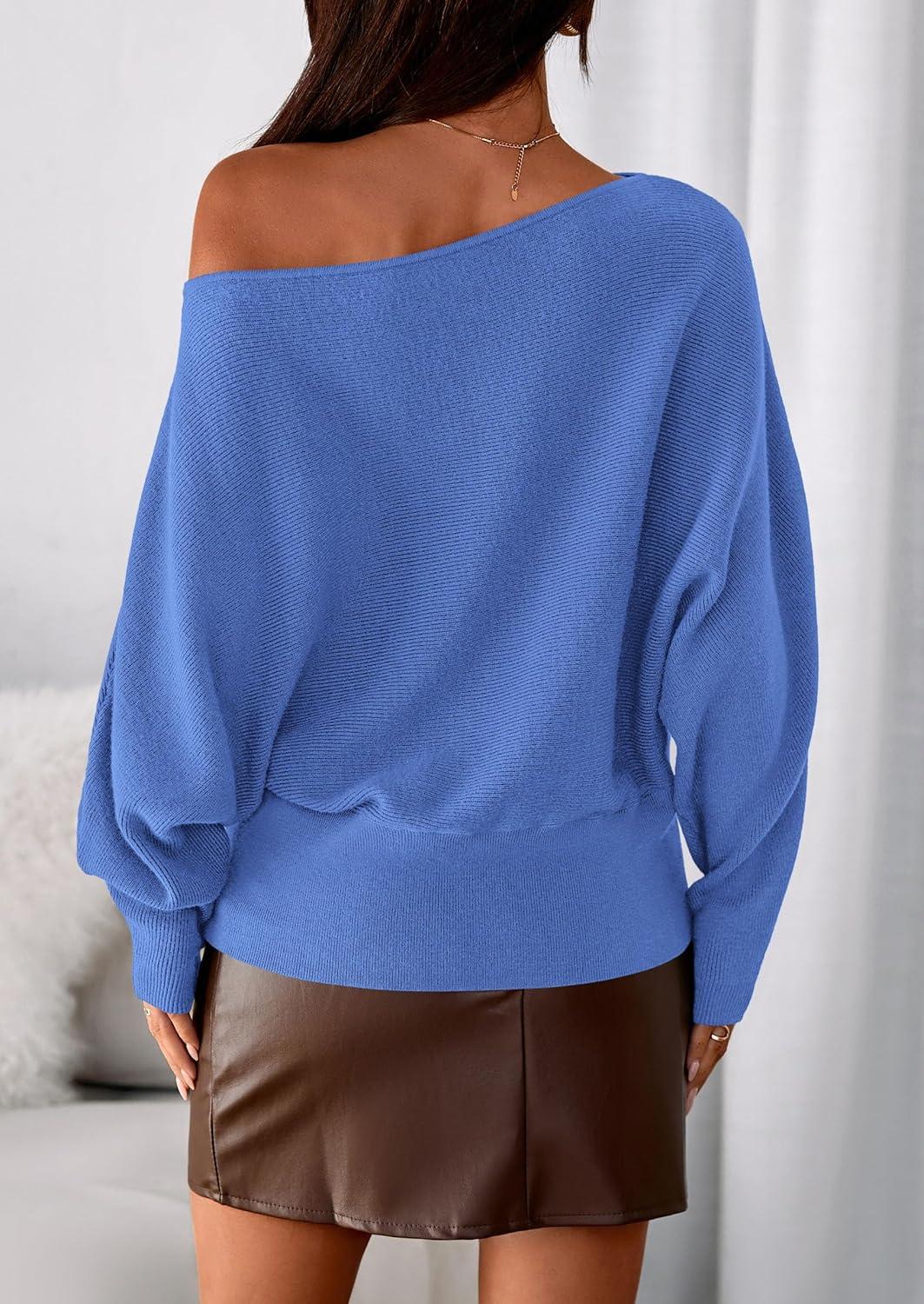 imagePRETTYGARDEN Women Off The Shoulder Sweater 2025 Fall Trendy Long Batwing Sleeve Knit Pullover Going Out Tops Winter ClothingSky Blue