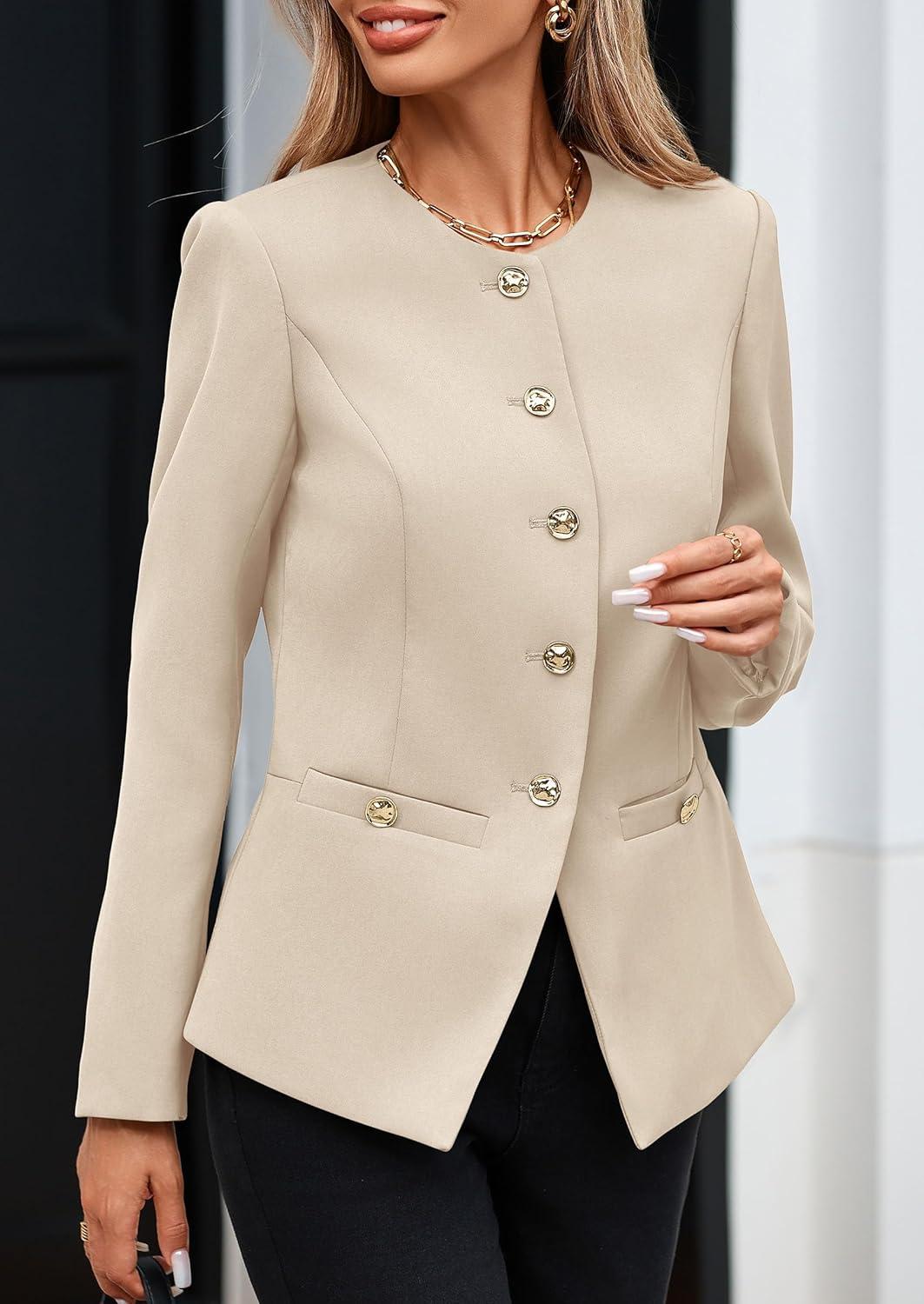 imagePRETTYGARDEN Womens 2025 Fall Blazers Button Down Fitted Lightweight Dressy Work Suit Jackets Trendy Business Casual OutfitsBeige