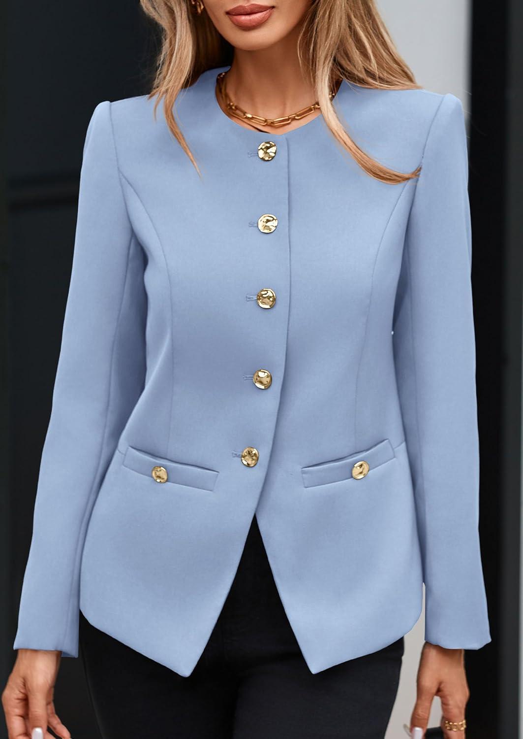 imagePRETTYGARDEN Womens 2025 Fall Blazers Button Down Fitted Lightweight Dressy Work Suit Jackets Trendy Business Casual OutfitsBlue