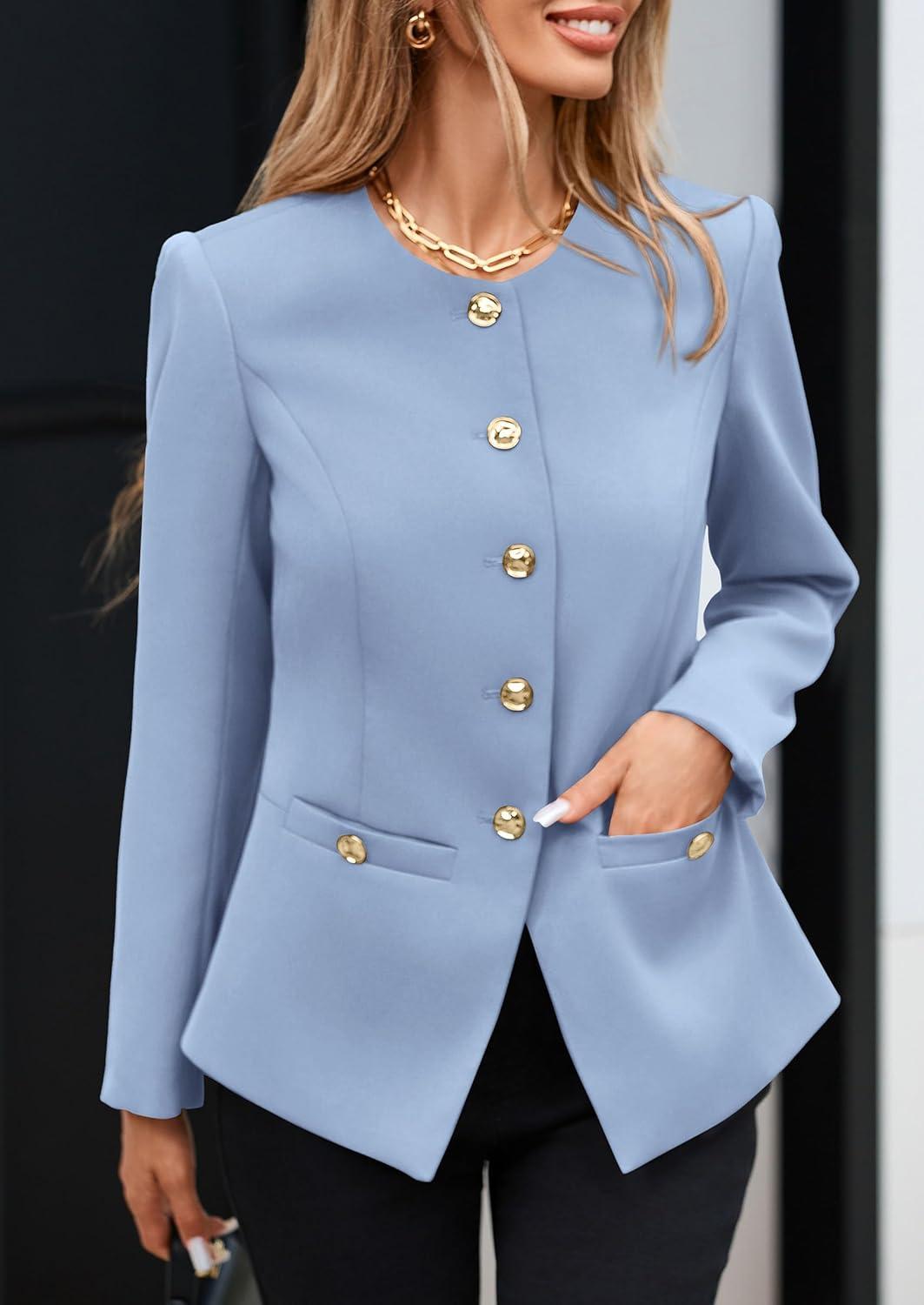 imagePRETTYGARDEN Womens 2025 Fall Blazers Button Down Fitted Lightweight Dressy Work Suit Jackets Trendy Business Casual OutfitsBlue