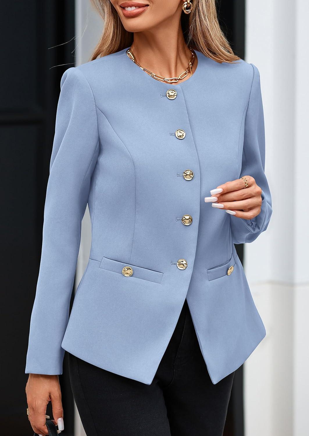 imagePRETTYGARDEN Womens 2025 Fall Blazers Button Down Fitted Lightweight Dressy Work Suit Jackets Trendy Business Casual OutfitsBlue