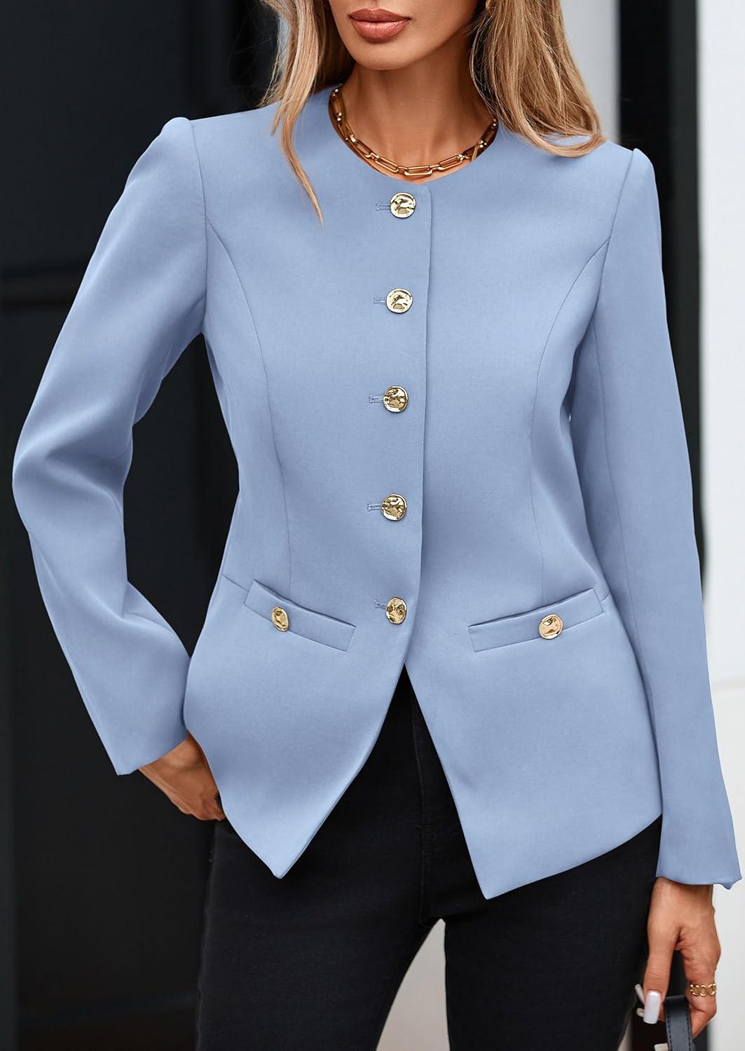 imagePRETTYGARDEN Womens 2025 Fall Blazers Button Down Fitted Lightweight Dressy Work Suit Jackets Trendy Business Casual OutfitsBlue