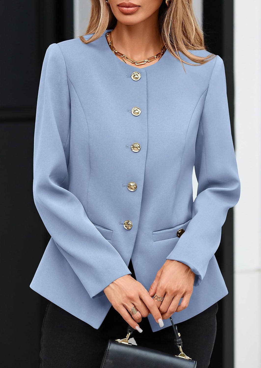 imagePRETTYGARDEN Womens 2025 Fall Blazers Button Down Fitted Lightweight Dressy Work Suit Jackets Trendy Business Casual OutfitsBlue