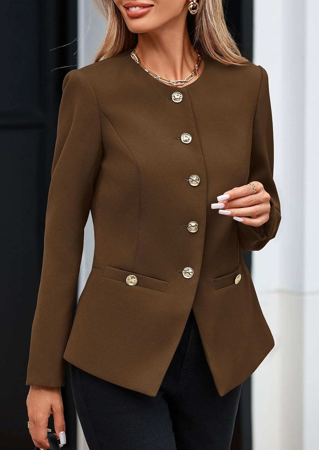 imagePRETTYGARDEN Womens 2025 Fall Blazers Button Down Fitted Lightweight Dressy Work Suit Jackets Trendy Business Casual OutfitsBrown