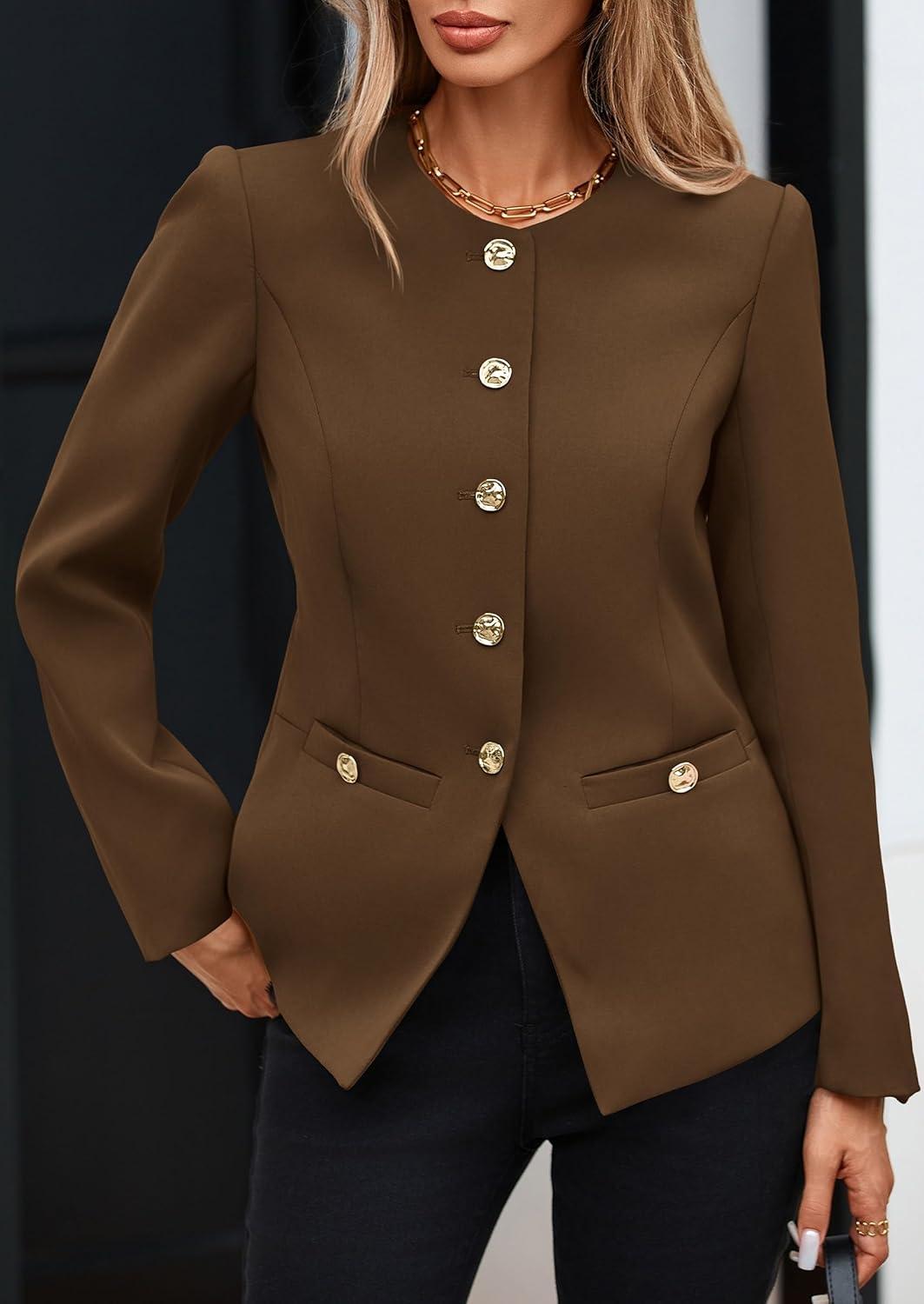 imagePRETTYGARDEN Womens 2025 Fall Blazers Button Down Fitted Lightweight Dressy Work Suit Jackets Trendy Business Casual OutfitsBrown