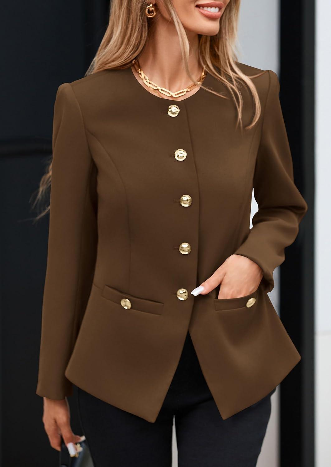 imagePRETTYGARDEN Womens 2025 Fall Blazers Button Down Fitted Lightweight Dressy Work Suit Jackets Trendy Business Casual OutfitsBrown