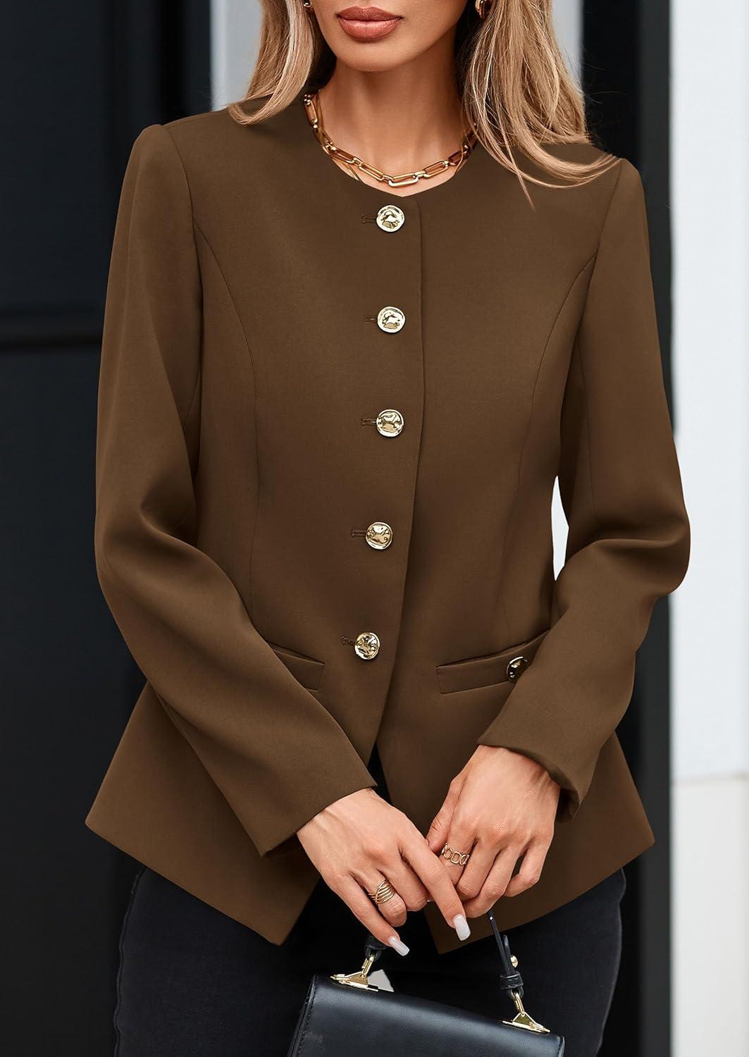 imagePRETTYGARDEN Womens 2025 Fall Blazers Button Down Fitted Lightweight Dressy Work Suit Jackets Trendy Business Casual OutfitsBrown