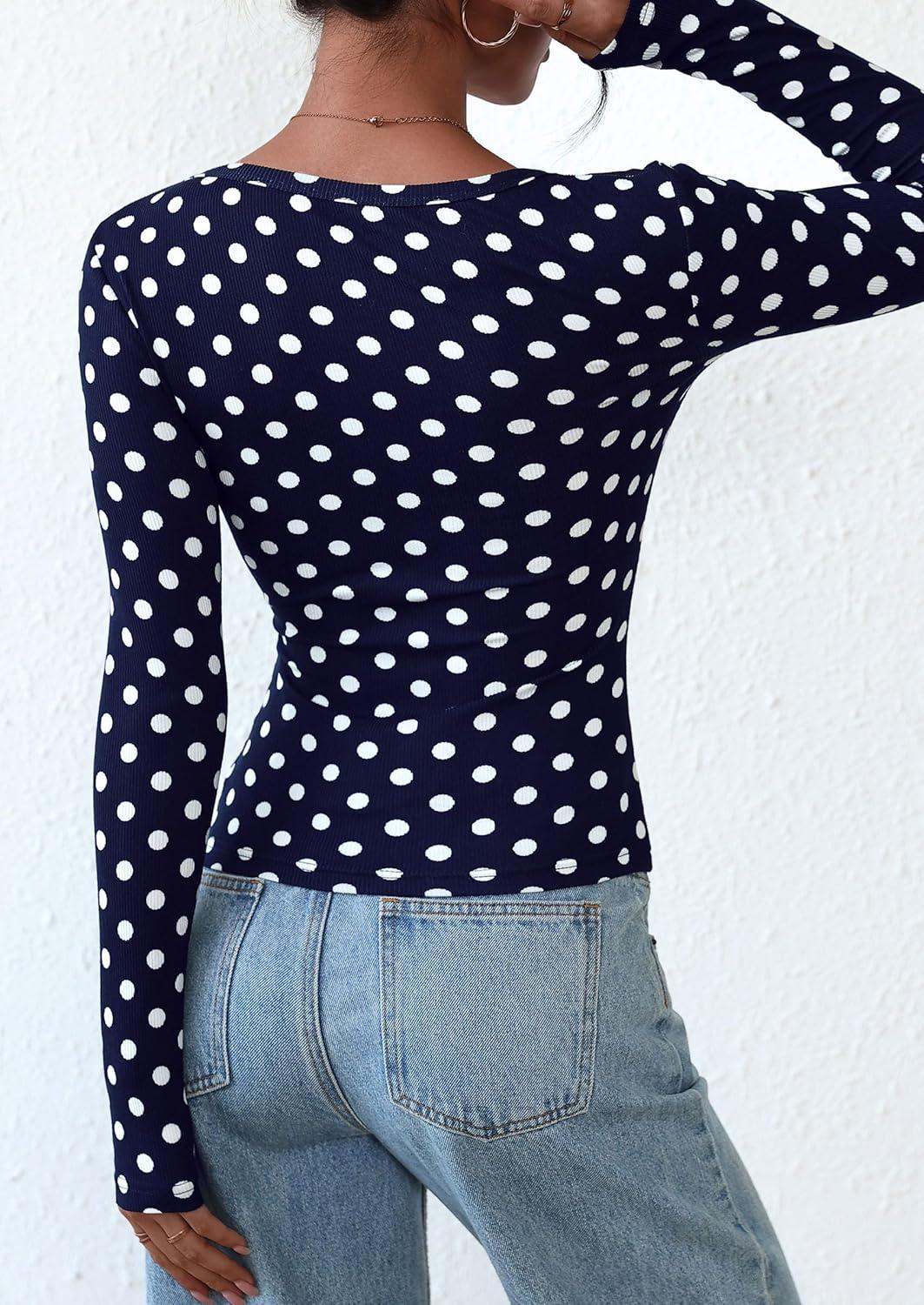 imagePRETTYGARDEN Womens 2025 Fall Long Sleeve Henley T Shirts Button Ribbed Knit Slim Fit Basic Tops Blouse Casual Outfits01 Polka Dot Navy White