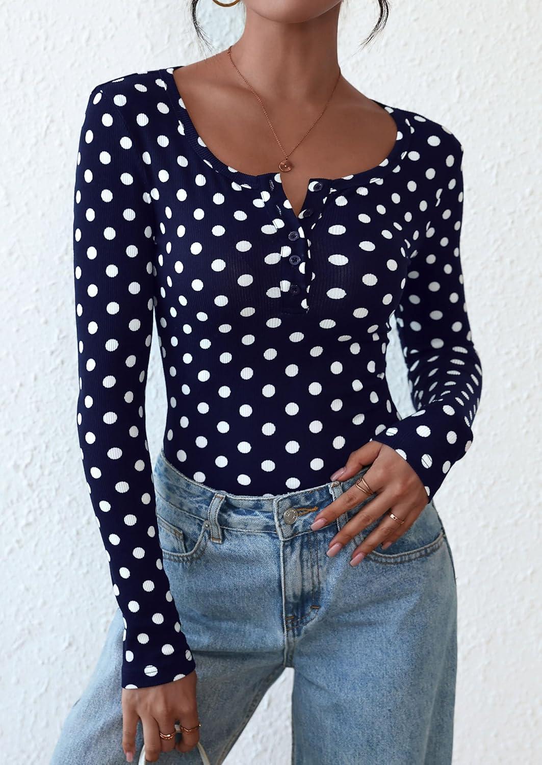 imagePRETTYGARDEN Womens 2025 Fall Long Sleeve Henley T Shirts Button Ribbed Knit Slim Fit Basic Tops Blouse Casual Outfits01 Polka Dot Navy White