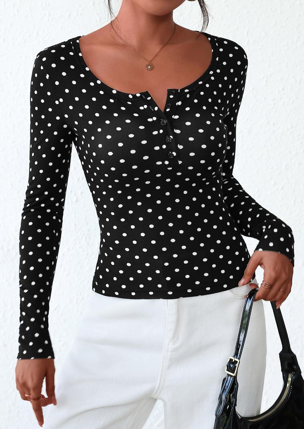 imagePRETTYGARDEN Womens 2025 Fall Long Sleeve Henley T Shirts Button Ribbed Knit Slim Fit Basic Tops Blouse Casual Outfits01 Small Polka Dot Black