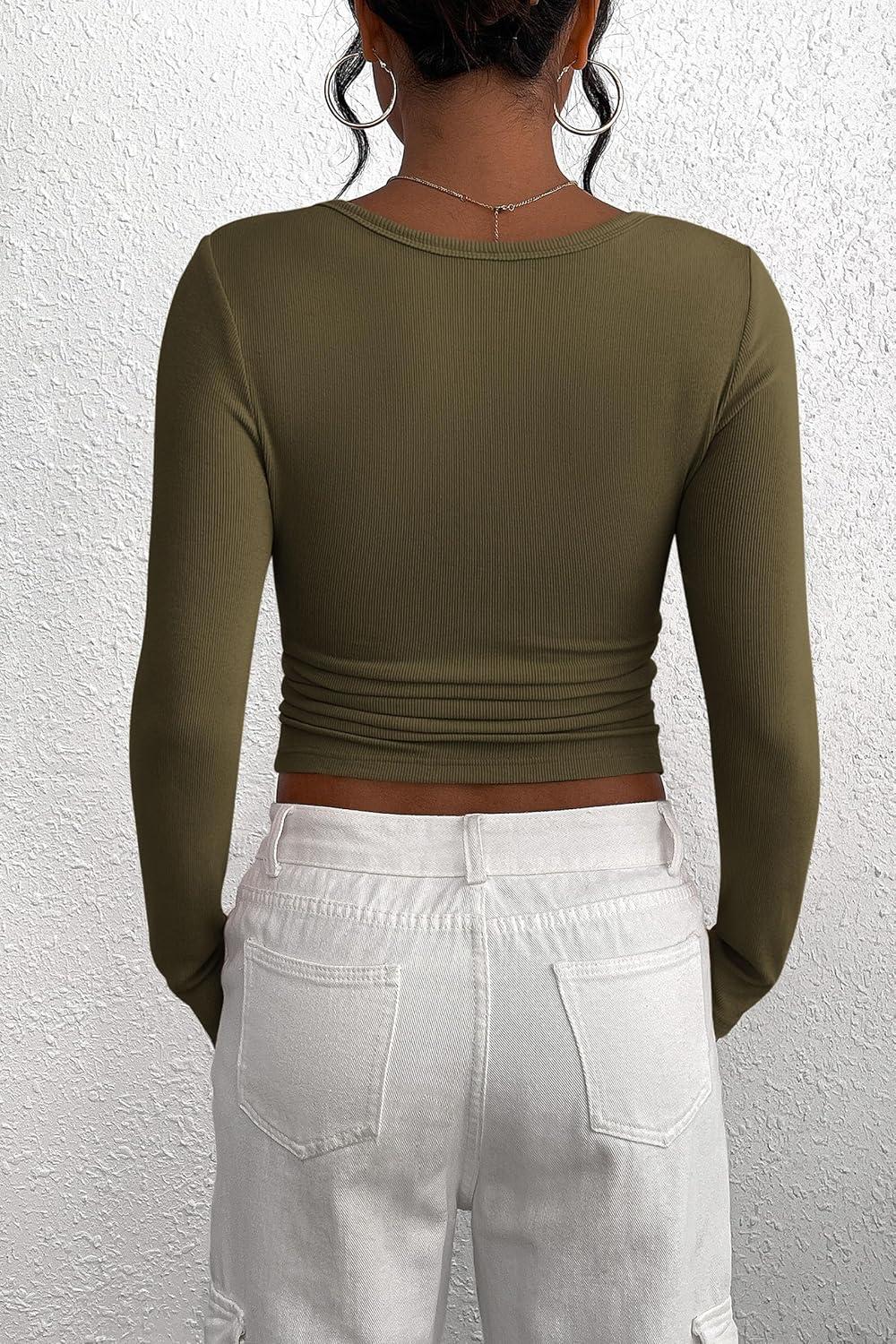 imagePRETTYGARDEN Womens 2025 Fall Long Sleeve Henley T Shirts Button Ribbed Knit Slim Fit Basic Tops Blouse Casual OutfitsArmy Green