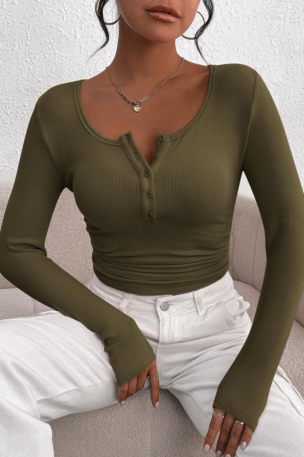 imagePRETTYGARDEN Womens 2025 Fall Long Sleeve Henley T Shirts Button Ribbed Knit Slim Fit Basic Tops Blouse Casual OutfitsArmy Green