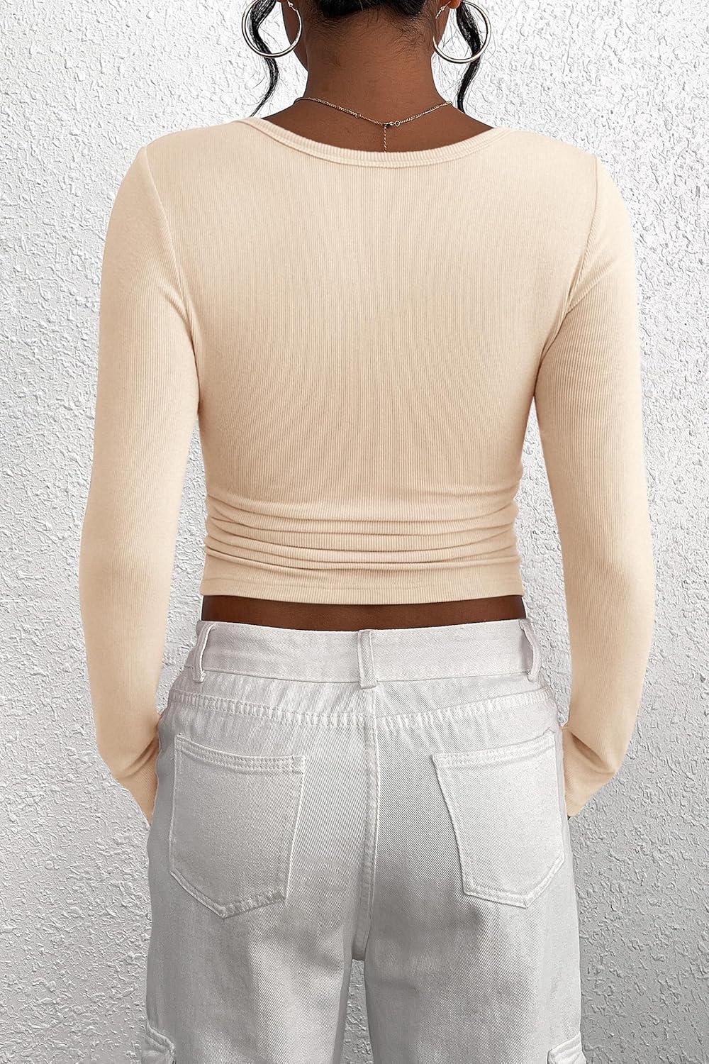 imagePRETTYGARDEN Womens 2025 Fall Long Sleeve Henley T Shirts Button Ribbed Knit Slim Fit Basic Tops Blouse Casual OutfitsBeige