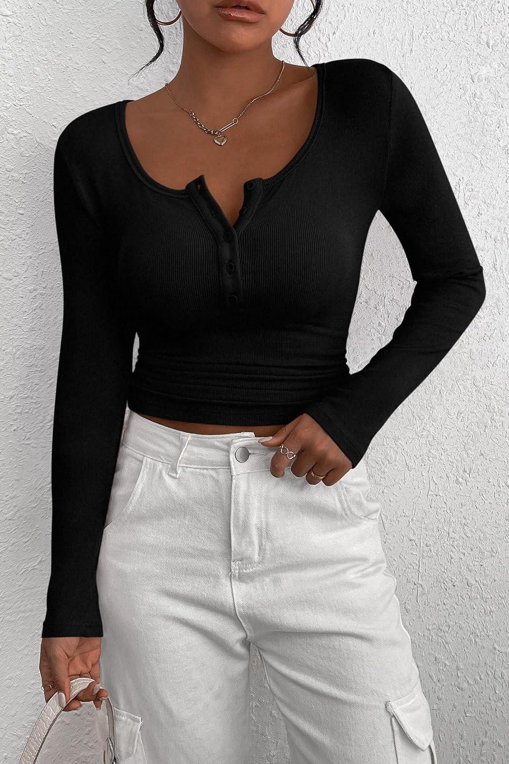 imagePRETTYGARDEN Womens 2025 Fall Long Sleeve Henley T Shirts Button Ribbed Knit Slim Fit Basic Tops Blouse Casual OutfitsBlack