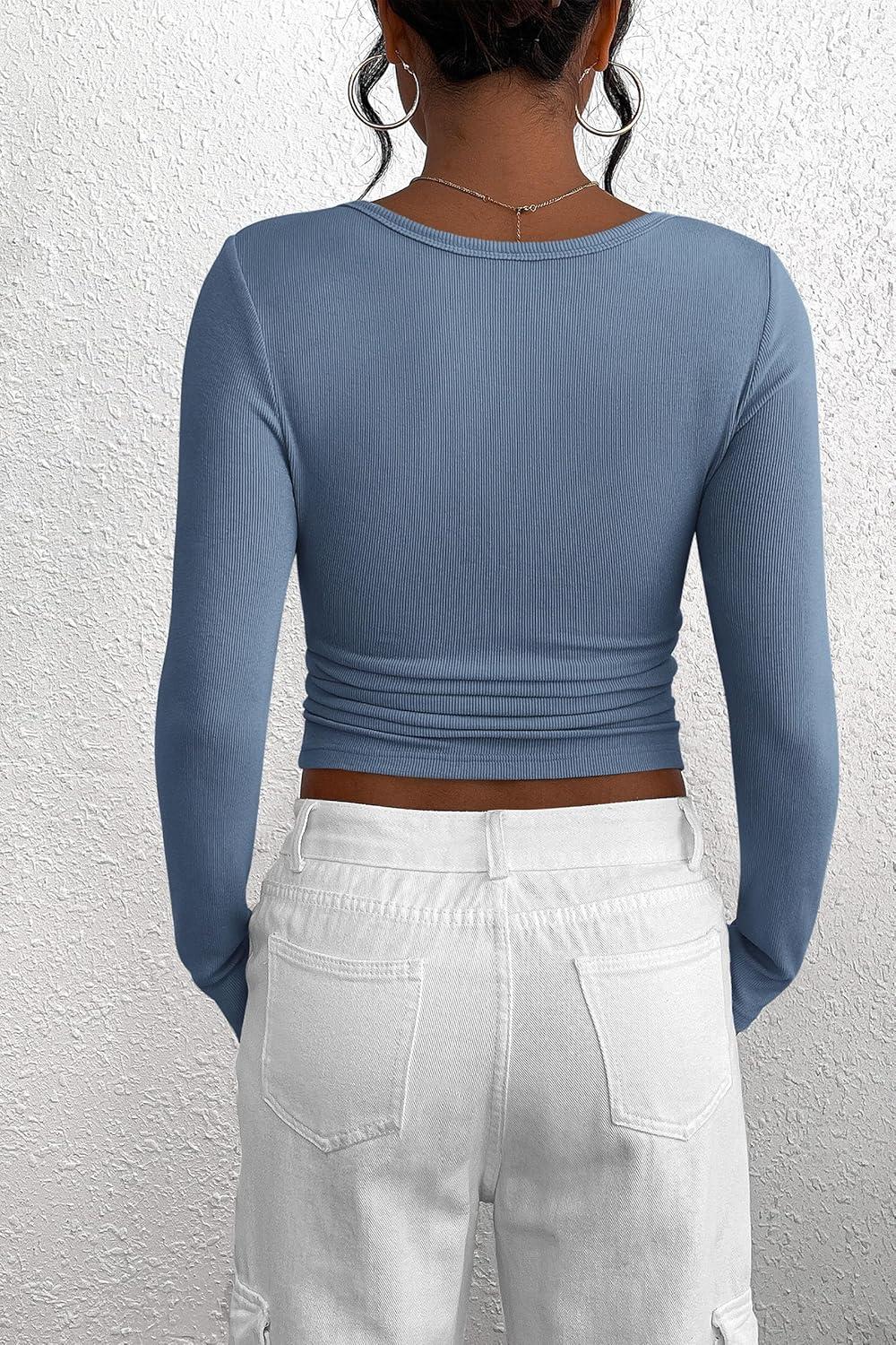 imagePRETTYGARDEN Womens 2025 Fall Long Sleeve Henley T Shirts Button Ribbed Knit Slim Fit Basic Tops Blouse Casual OutfitsBlue Grey