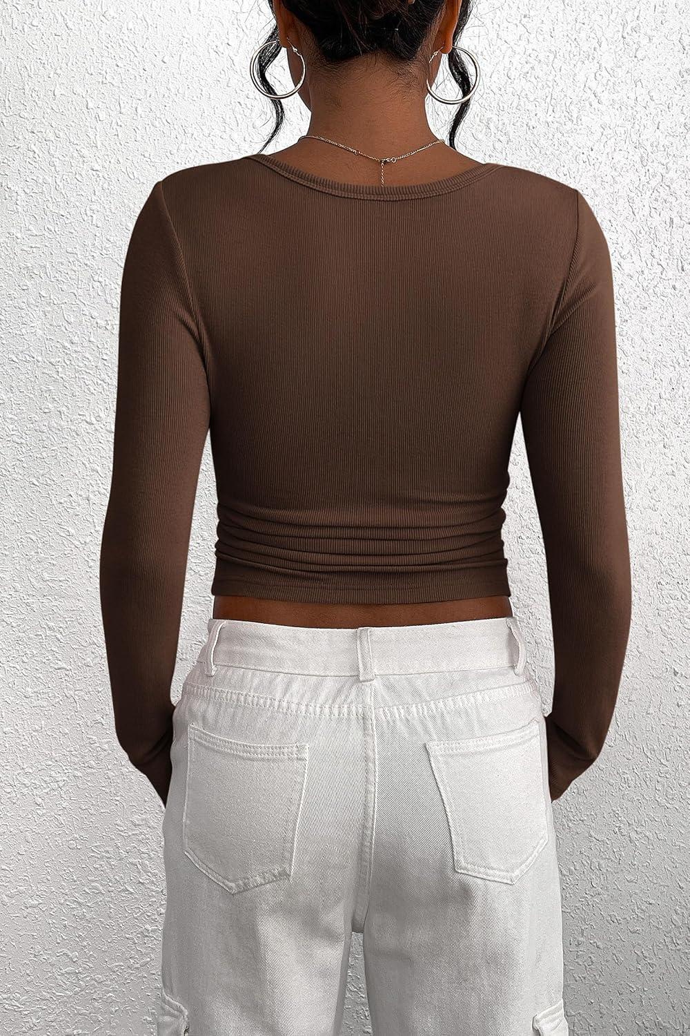 imagePRETTYGARDEN Womens 2025 Fall Long Sleeve Henley T Shirts Button Ribbed Knit Slim Fit Basic Tops Blouse Casual OutfitsCoffee