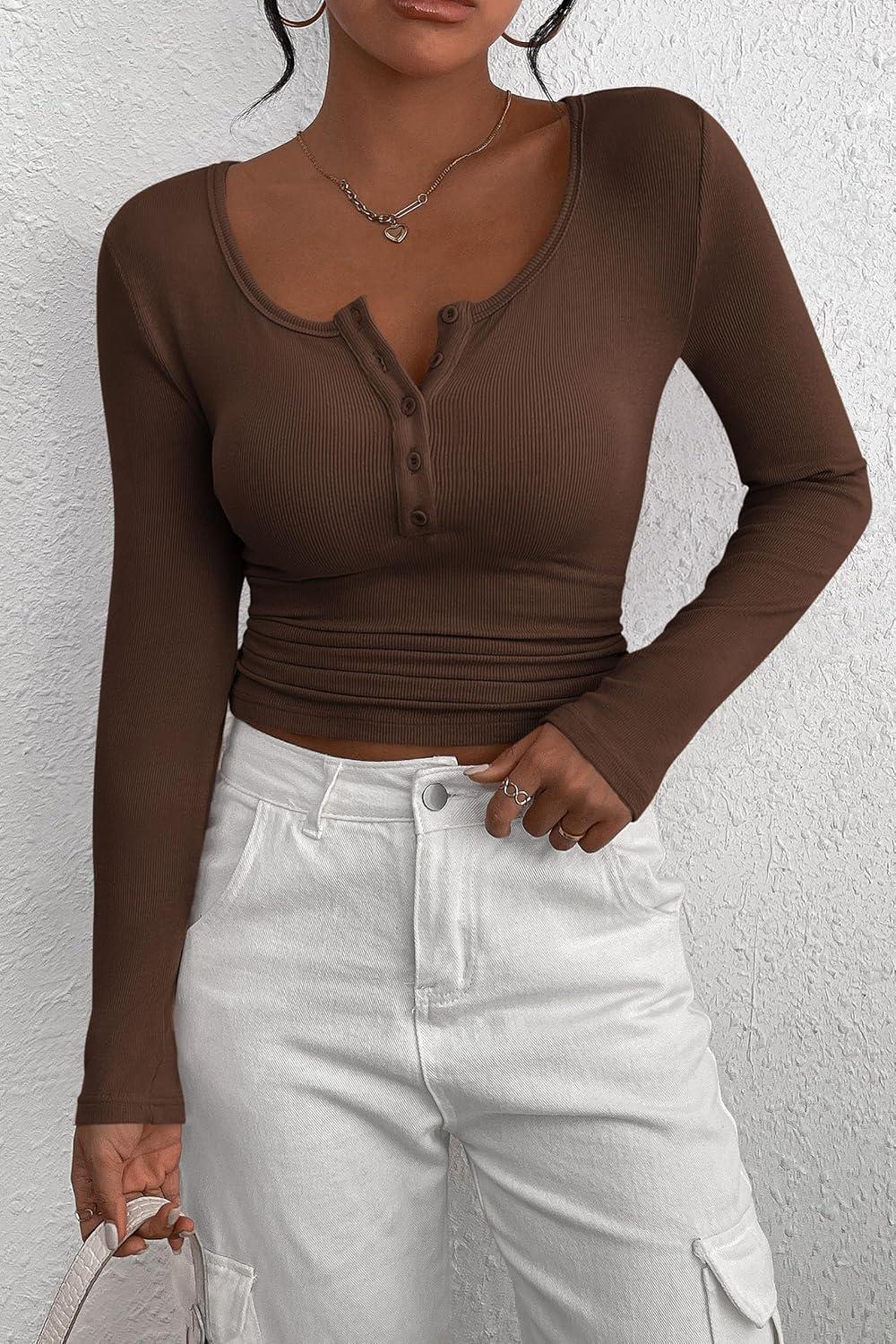 imagePRETTYGARDEN Womens 2025 Fall Long Sleeve Henley T Shirts Button Ribbed Knit Slim Fit Basic Tops Blouse Casual OutfitsCoffee