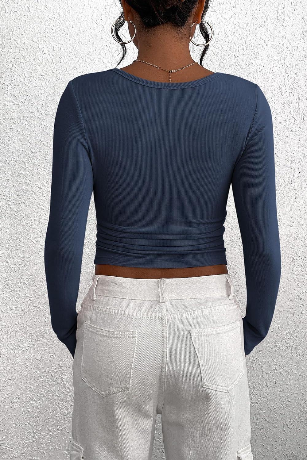 imagePRETTYGARDEN Womens 2025 Fall Long Sleeve Henley T Shirts Button Ribbed Knit Slim Fit Basic Tops Blouse Casual OutfitsDark Blue