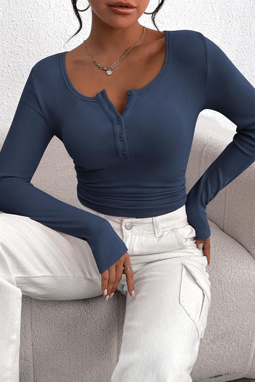 imagePRETTYGARDEN Womens 2025 Fall Long Sleeve Henley T Shirts Button Ribbed Knit Slim Fit Basic Tops Blouse Casual OutfitsDark Blue