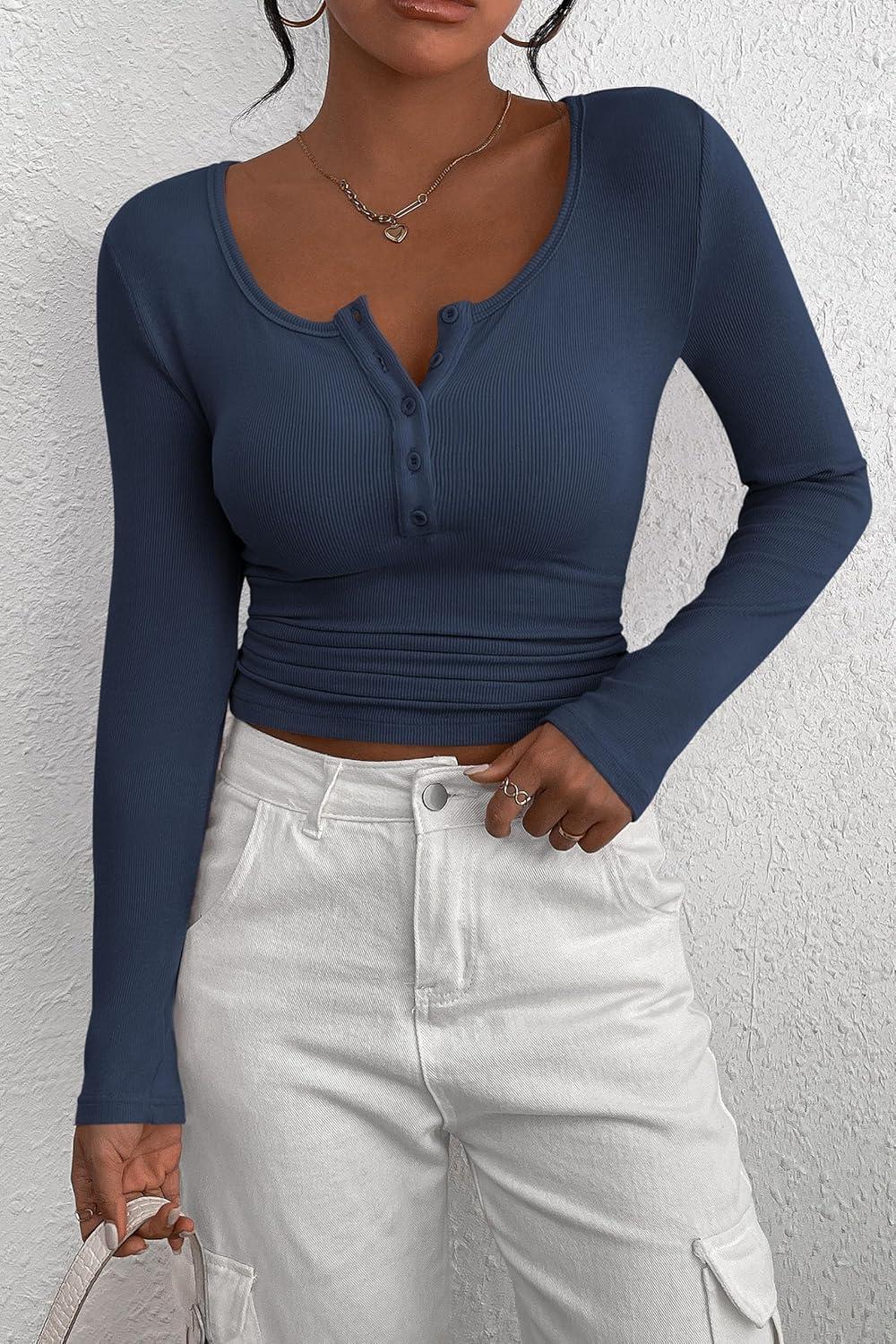 imagePRETTYGARDEN Womens 2025 Fall Long Sleeve Henley T Shirts Button Ribbed Knit Slim Fit Basic Tops Blouse Casual OutfitsDark Blue