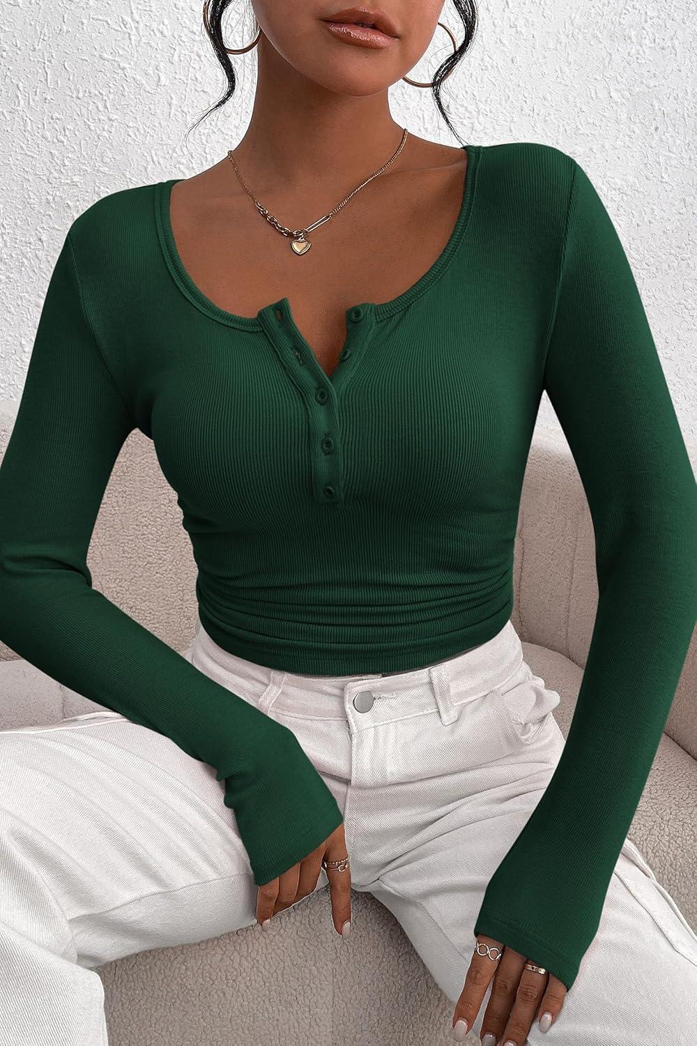 imagePRETTYGARDEN Womens 2025 Fall Long Sleeve Henley T Shirts Button Ribbed Knit Slim Fit Basic Tops Blouse Casual OutfitsDark Green
