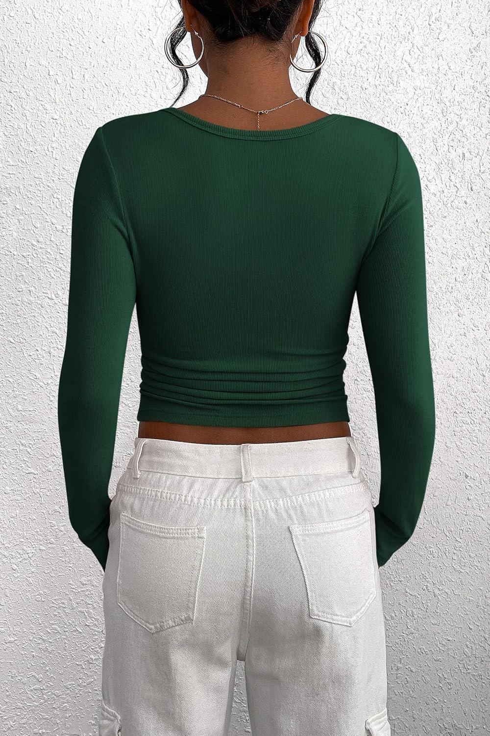 imagePRETTYGARDEN Womens 2025 Fall Long Sleeve Henley T Shirts Button Ribbed Knit Slim Fit Basic Tops Blouse Casual OutfitsDark Green