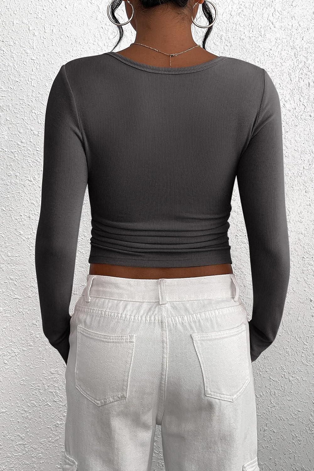 imagePRETTYGARDEN Womens 2025 Fall Long Sleeve Henley T Shirts Button Ribbed Knit Slim Fit Basic Tops Blouse Casual OutfitsDark Grey