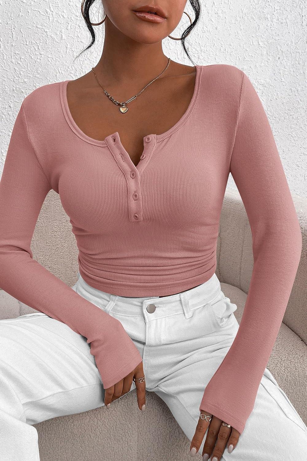 imagePRETTYGARDEN Womens 2025 Fall Long Sleeve Henley T Shirts Button Ribbed Knit Slim Fit Basic Tops Blouse Casual OutfitsDusty Pink