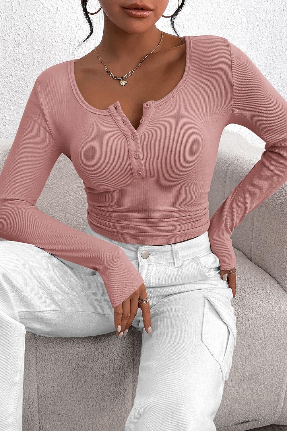 imagePRETTYGARDEN Womens 2025 Fall Long Sleeve Henley T Shirts Button Ribbed Knit Slim Fit Basic Tops Blouse Casual OutfitsDusty Pink