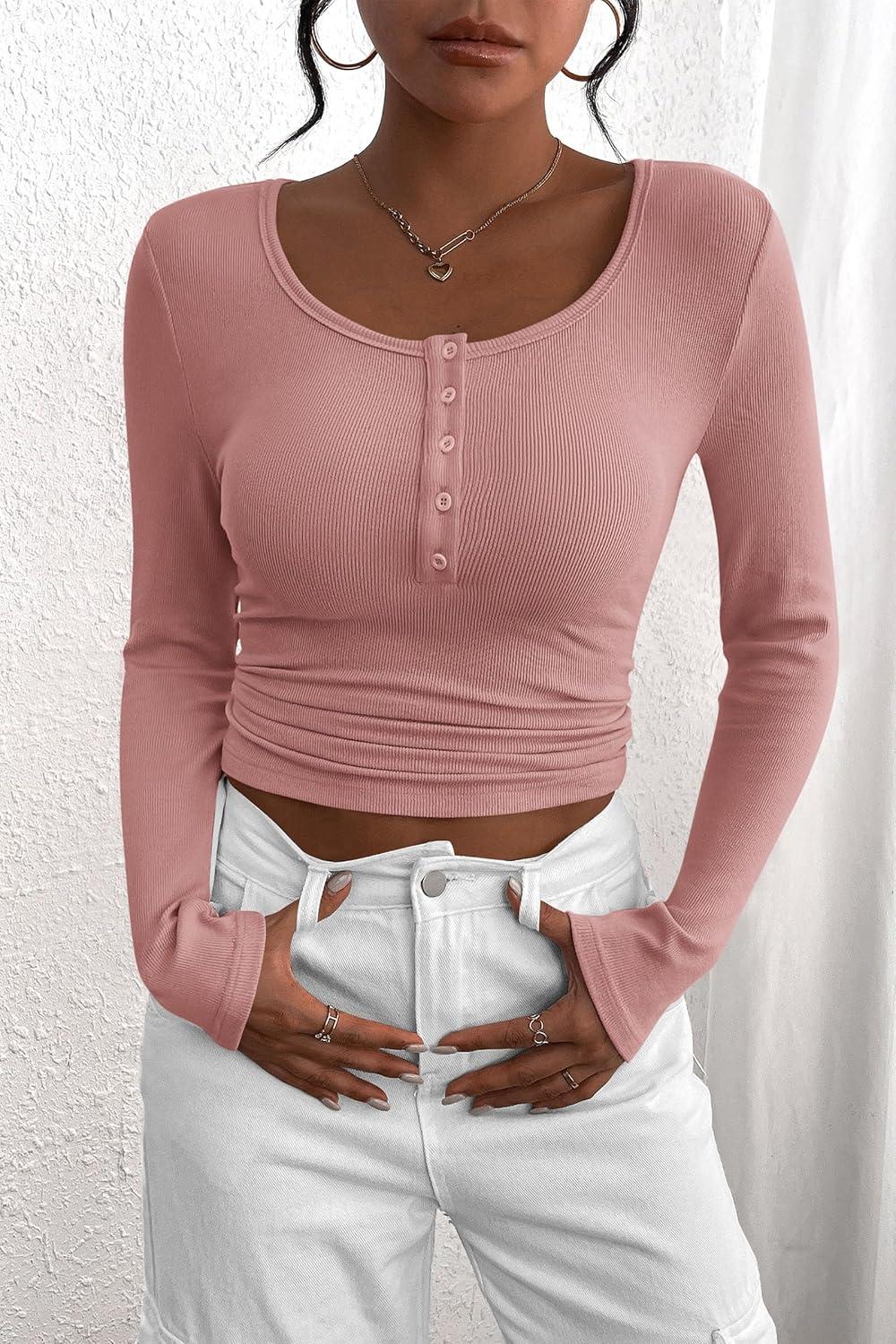 imagePRETTYGARDEN Womens 2025 Fall Long Sleeve Henley T Shirts Button Ribbed Knit Slim Fit Basic Tops Blouse Casual OutfitsDusty Pink