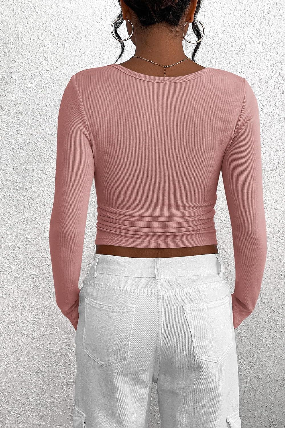 imagePRETTYGARDEN Womens 2025 Fall Long Sleeve Henley T Shirts Button Ribbed Knit Slim Fit Basic Tops Blouse Casual OutfitsDusty Pink