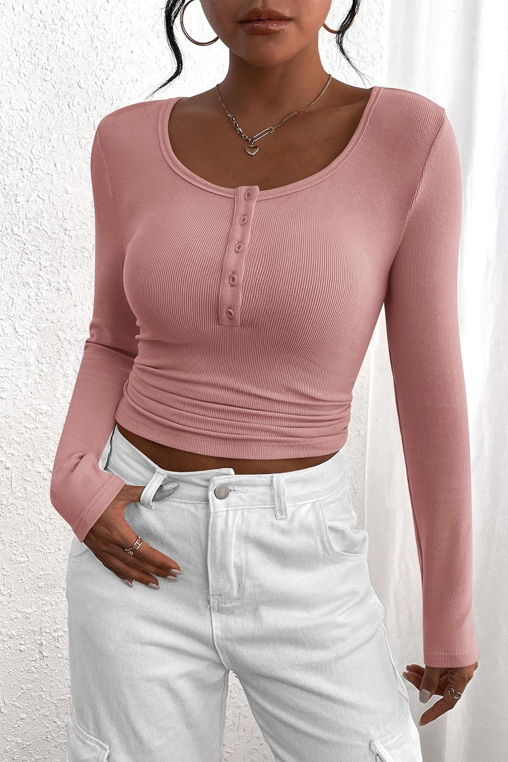 imagePRETTYGARDEN Womens 2025 Fall Long Sleeve Henley T Shirts Button Ribbed Knit Slim Fit Basic Tops Blouse Casual OutfitsDusty Pink