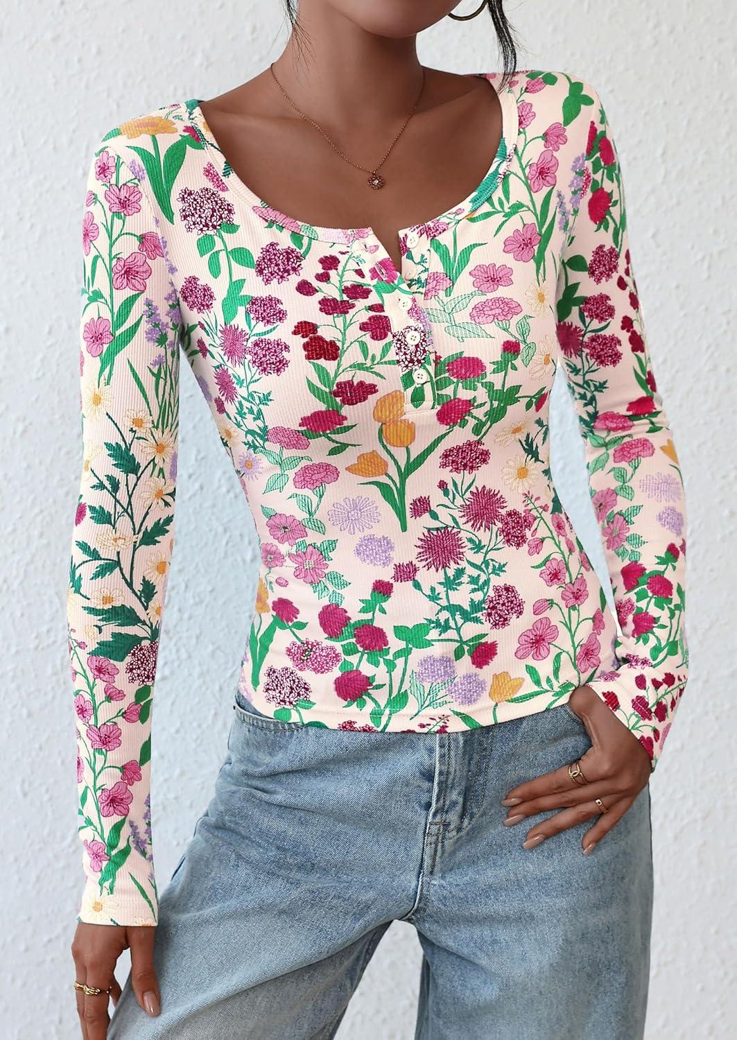 imagePRETTYGARDEN Womens 2025 Fall Long Sleeve Henley T Shirts Button Ribbed Knit Slim Fit Basic Tops Blouse Casual OutfitsFloral Apricot Multicolored