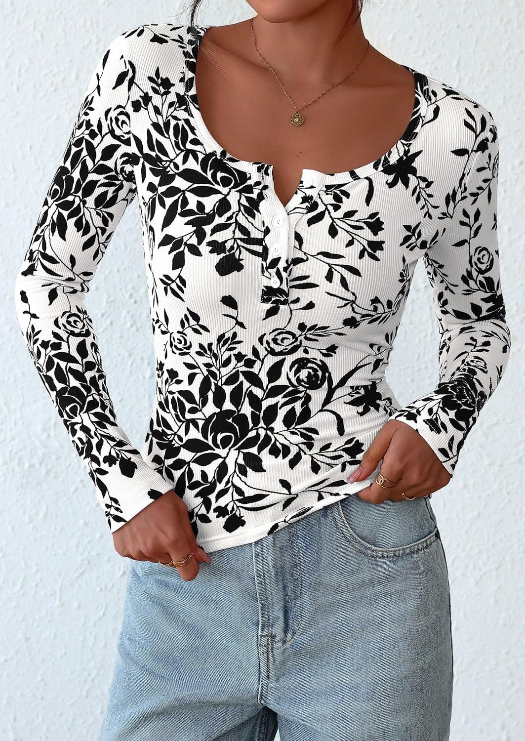 imagePRETTYGARDEN Womens 2025 Fall Long Sleeve Henley T Shirts Button Ribbed Knit Slim Fit Basic Tops Blouse Casual OutfitsFloral Black