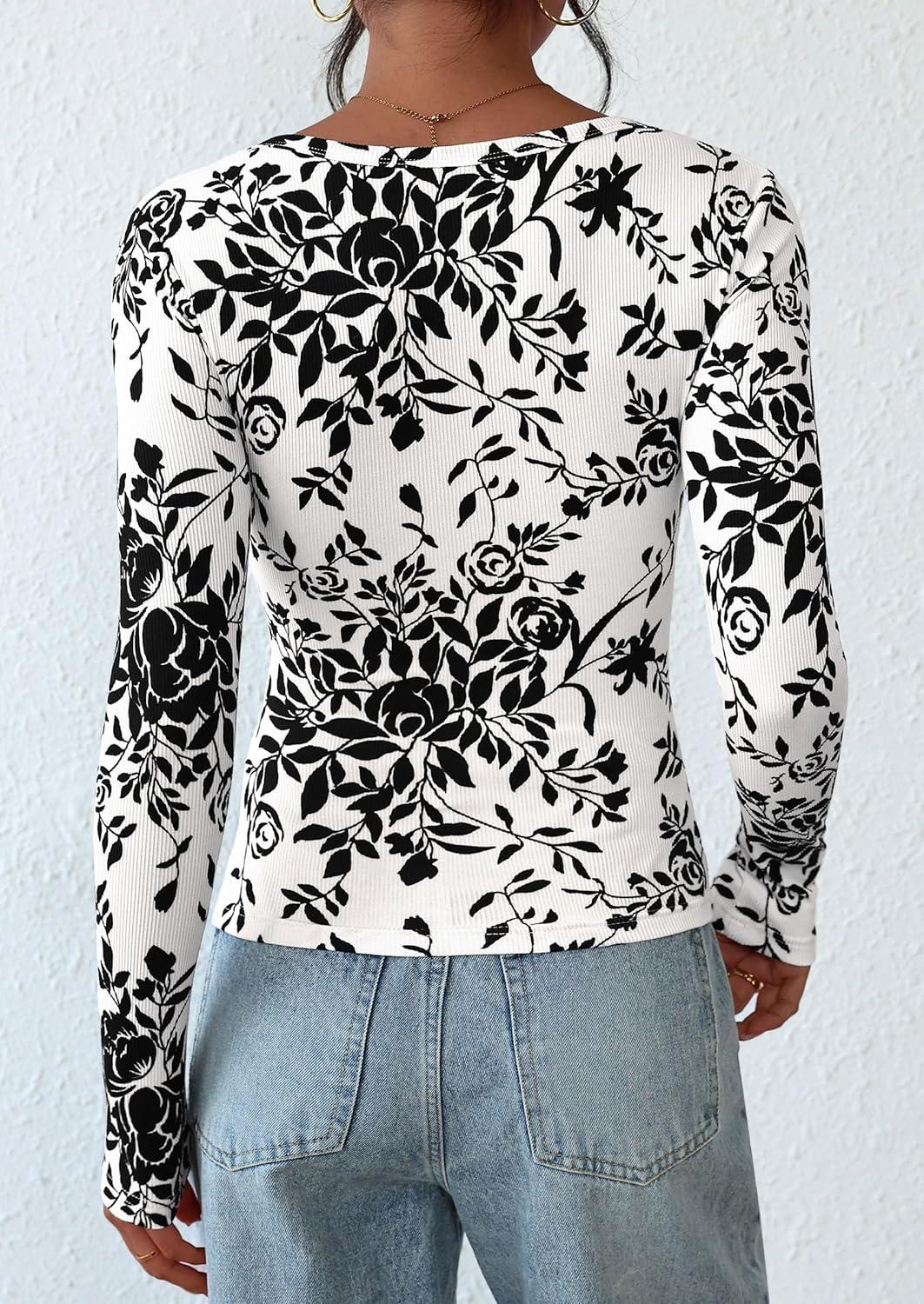 imagePRETTYGARDEN Womens 2025 Fall Long Sleeve Henley T Shirts Button Ribbed Knit Slim Fit Basic Tops Blouse Casual OutfitsFloral Black