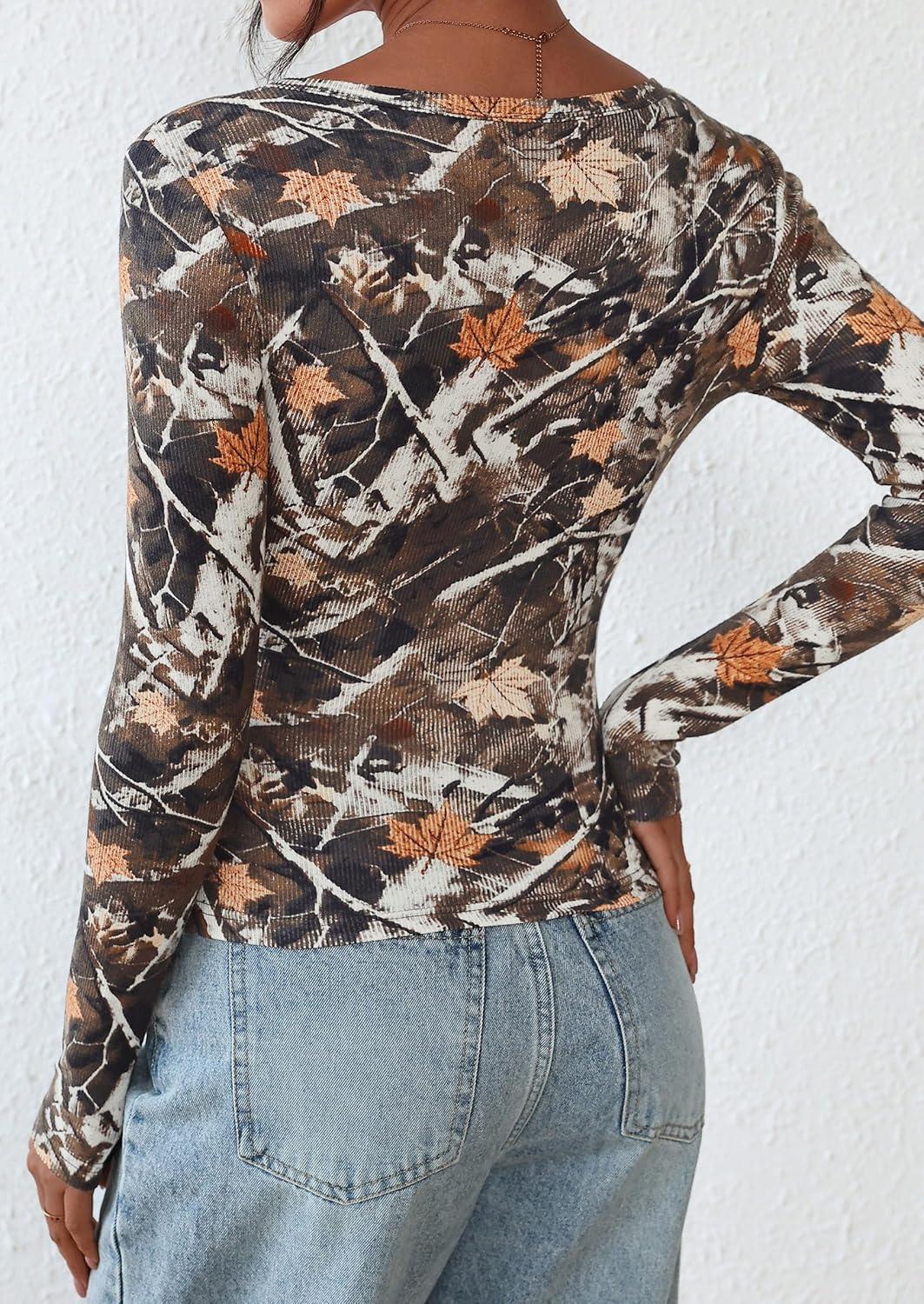 imagePRETTYGARDEN Womens 2025 Fall Long Sleeve Henley T Shirts Button Ribbed Knit Slim Fit Basic Tops Blouse Casual OutfitsFloral Khaki