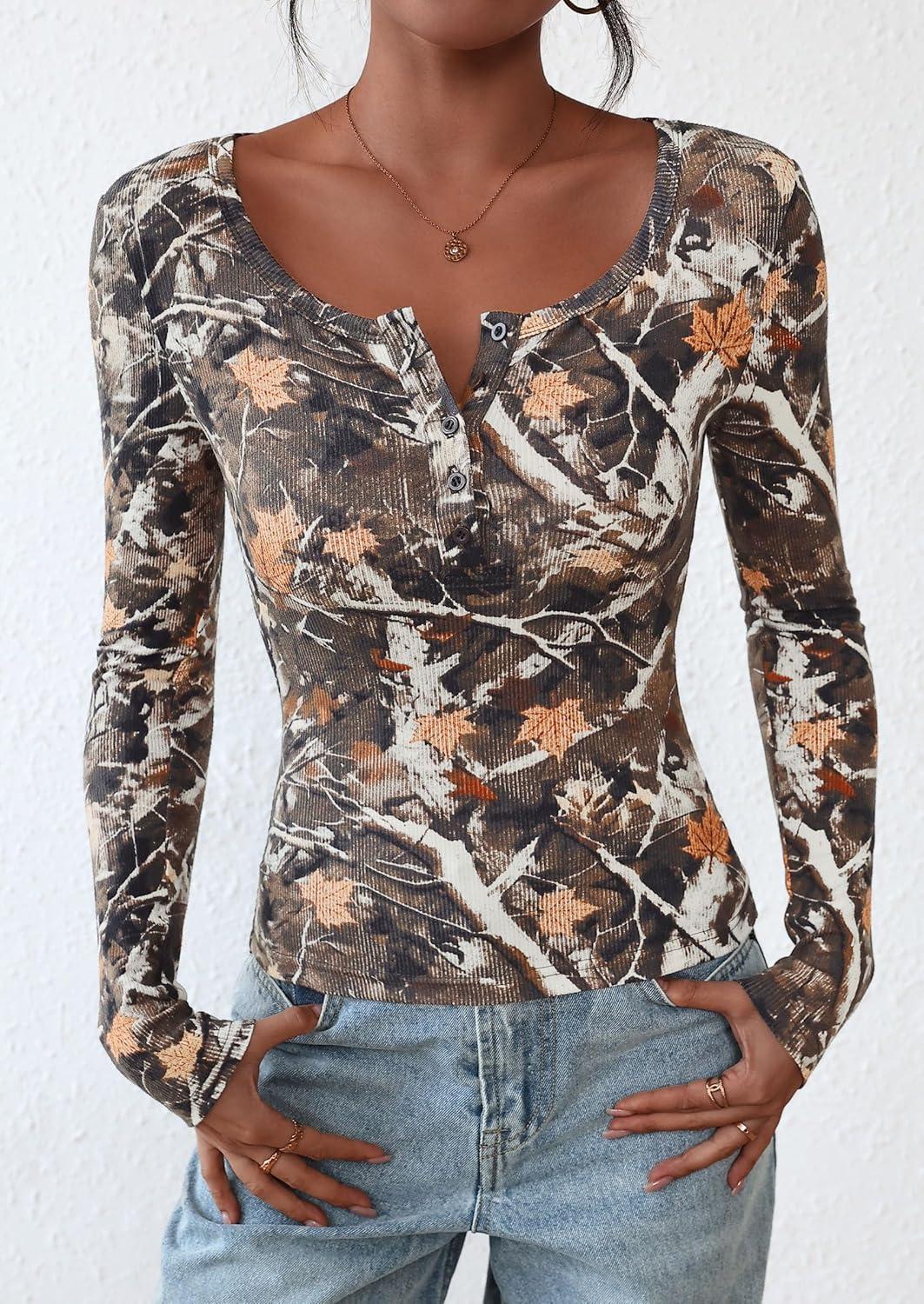 imagePRETTYGARDEN Womens 2025 Fall Long Sleeve Henley T Shirts Button Ribbed Knit Slim Fit Basic Tops Blouse Casual OutfitsFloral Khaki