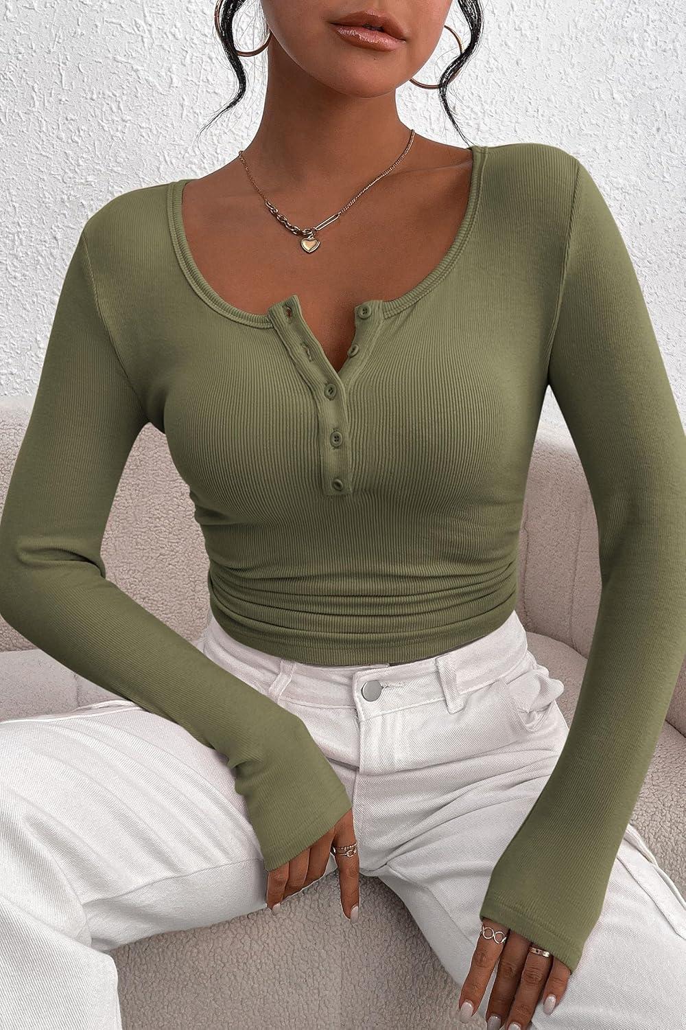 imagePRETTYGARDEN Womens 2025 Fall Long Sleeve Henley T Shirts Button Ribbed Knit Slim Fit Basic Tops Blouse Casual OutfitsGrey Green
