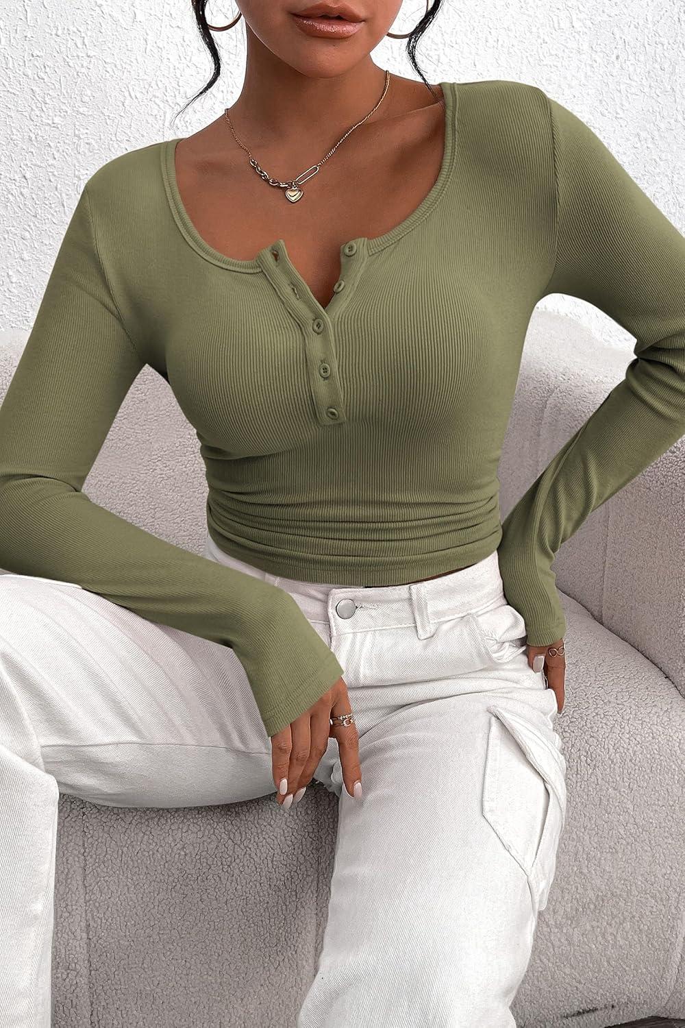 imagePRETTYGARDEN Womens 2025 Fall Long Sleeve Henley T Shirts Button Ribbed Knit Slim Fit Basic Tops Blouse Casual OutfitsGrey Green