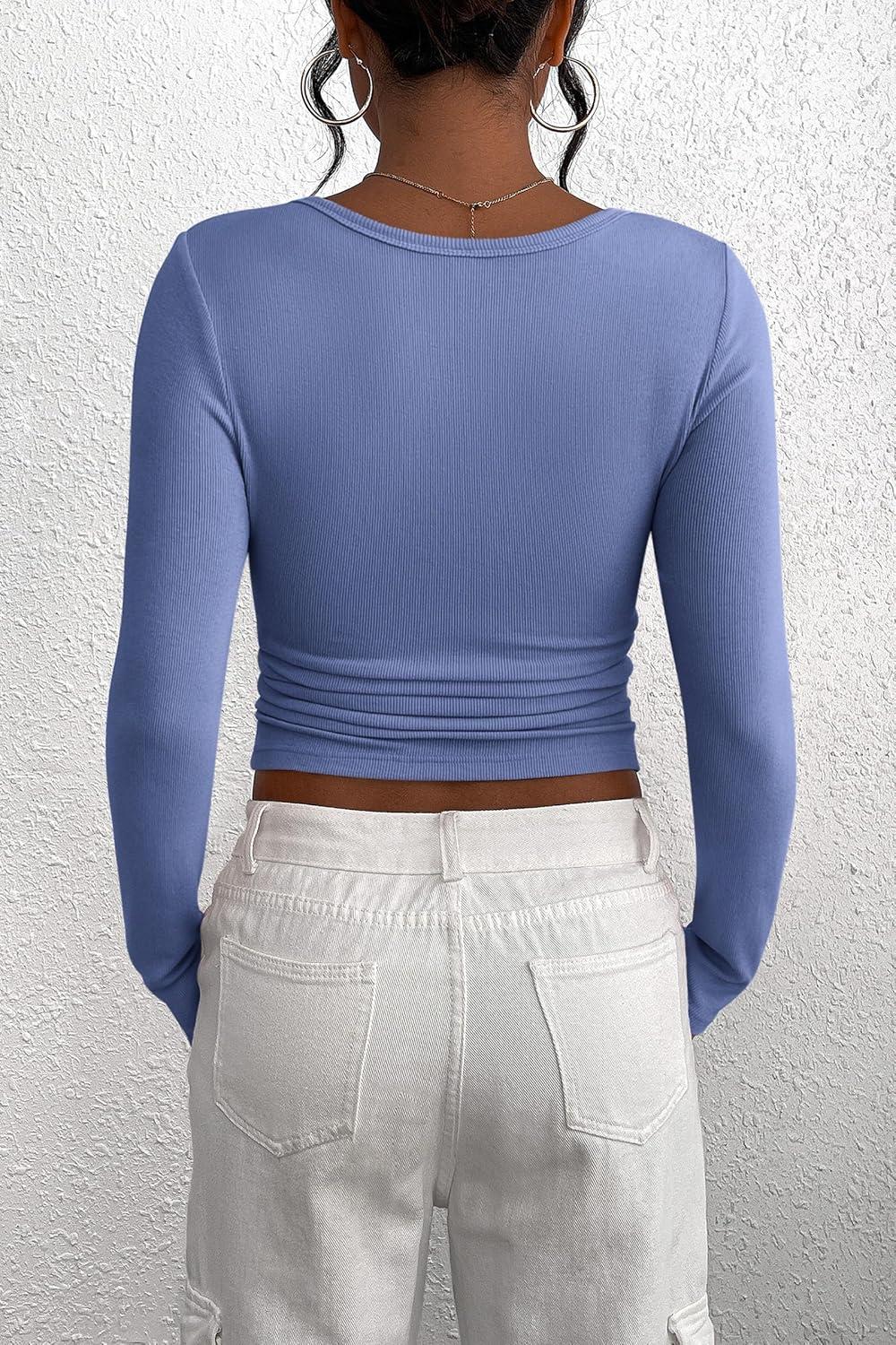 imagePRETTYGARDEN Womens 2025 Fall Long Sleeve Henley T Shirts Button Ribbed Knit Slim Fit Basic Tops Blouse Casual OutfitsHaze Blue