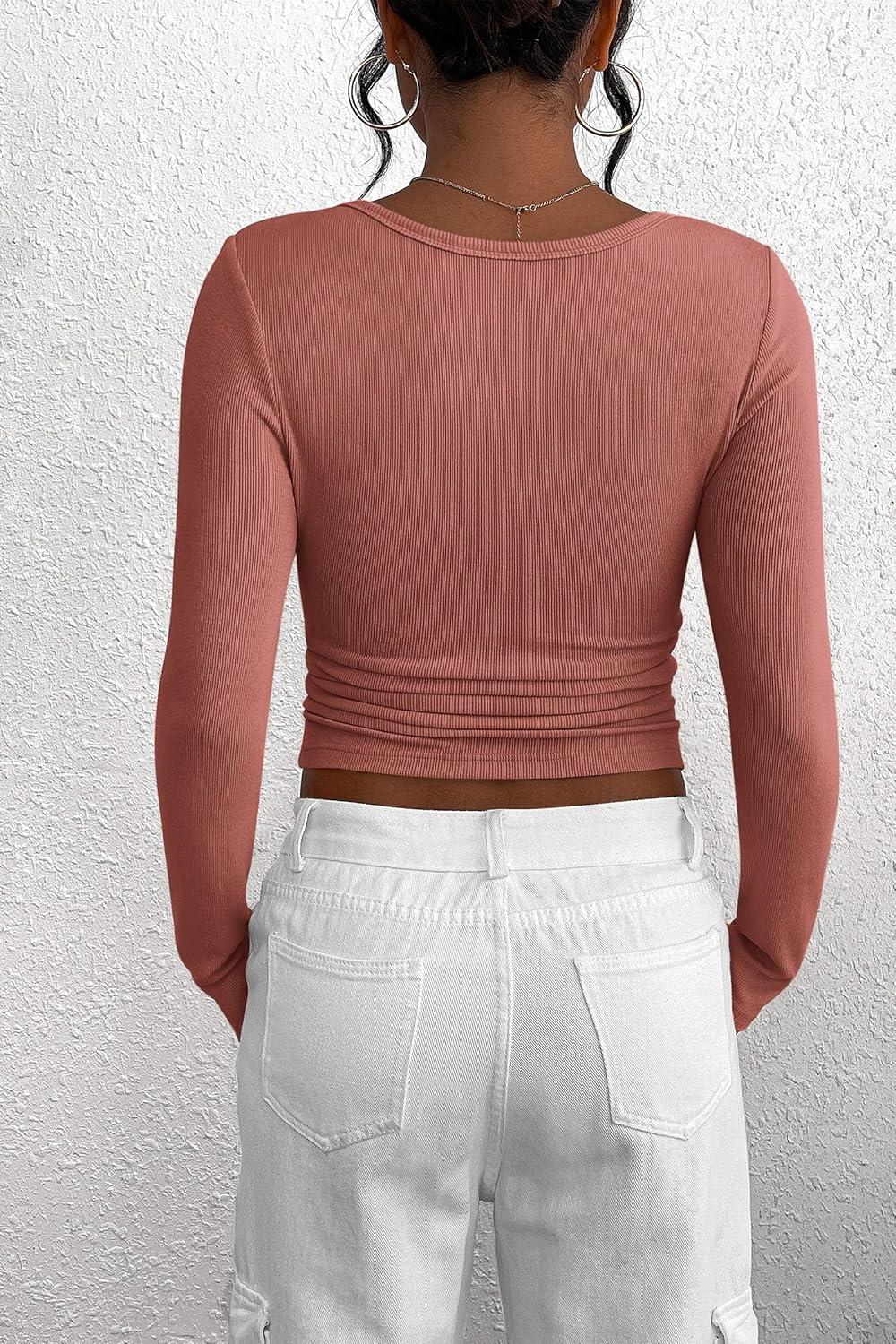 imagePRETTYGARDEN Womens 2025 Fall Long Sleeve Henley T Shirts Button Ribbed Knit Slim Fit Basic Tops Blouse Casual OutfitsHeather Pink