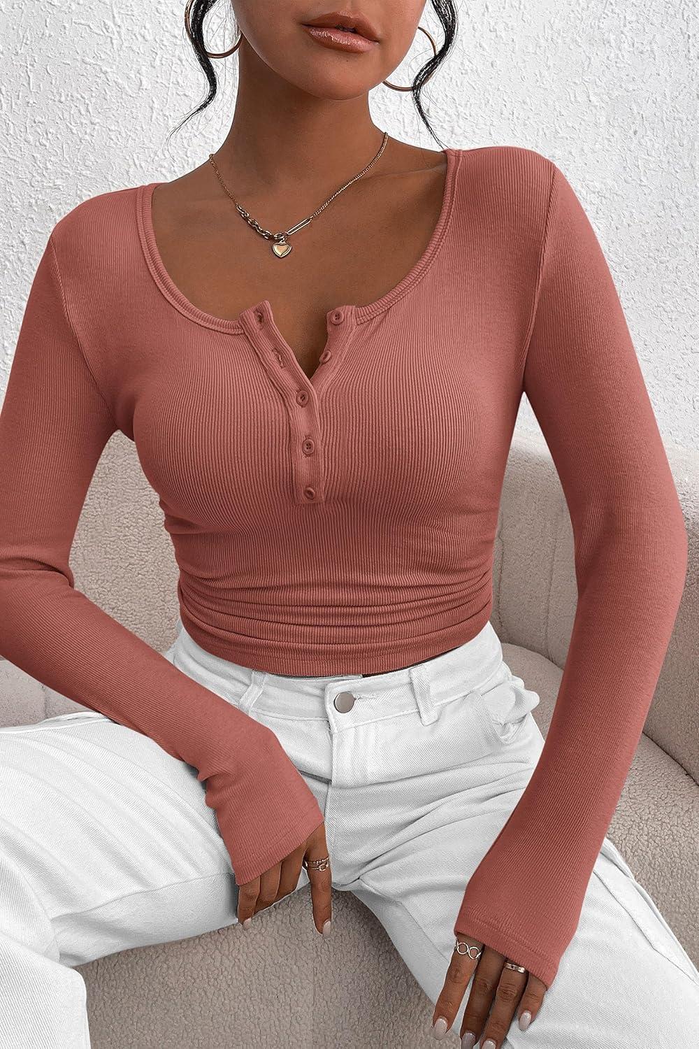 imagePRETTYGARDEN Womens 2025 Fall Long Sleeve Henley T Shirts Button Ribbed Knit Slim Fit Basic Tops Blouse Casual OutfitsHeather Pink