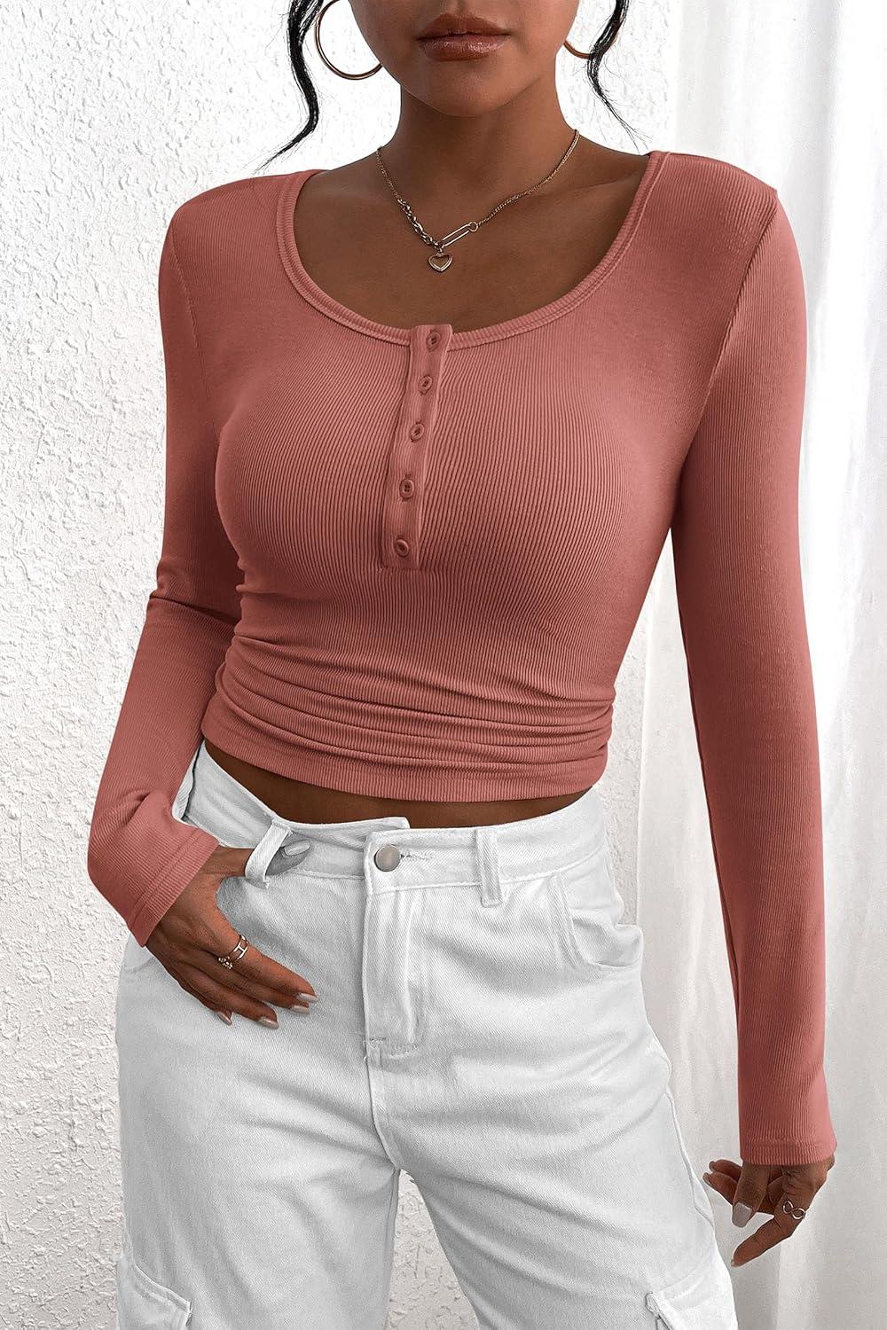 imagePRETTYGARDEN Womens 2025 Fall Long Sleeve Henley T Shirts Button Ribbed Knit Slim Fit Basic Tops Blouse Casual OutfitsHeather Pink
