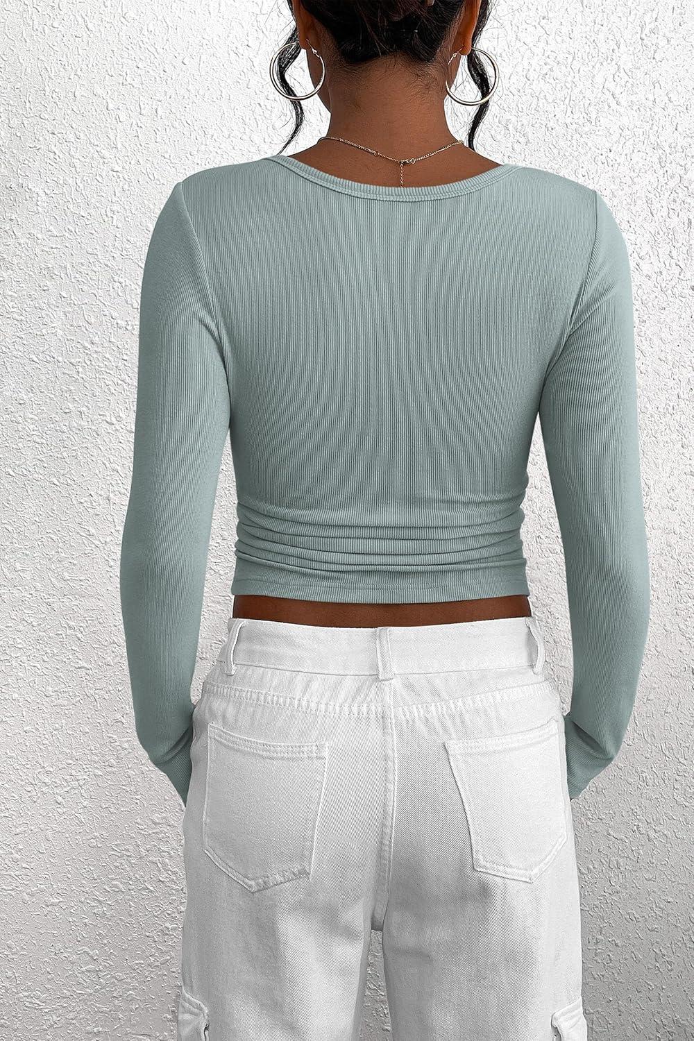 imagePRETTYGARDEN Womens 2025 Fall Long Sleeve Henley T Shirts Button Ribbed Knit Slim Fit Basic Tops Blouse Casual OutfitsLake Blue