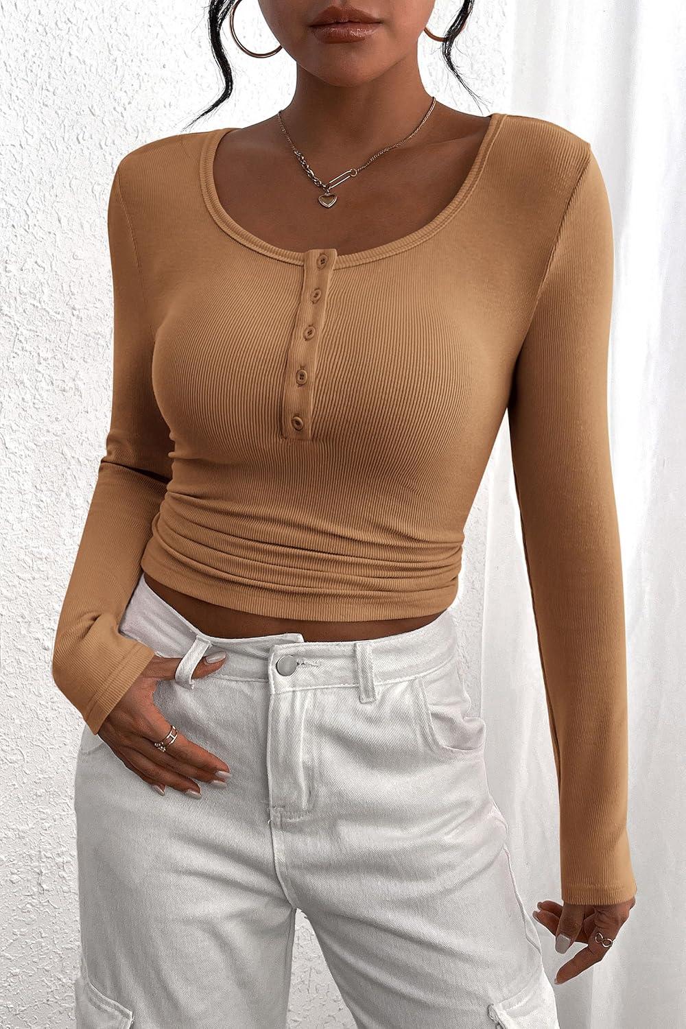 imagePRETTYGARDEN Womens 2025 Fall Long Sleeve Henley T Shirts Button Ribbed Knit Slim Fit Basic Tops Blouse Casual OutfitsLight Camel