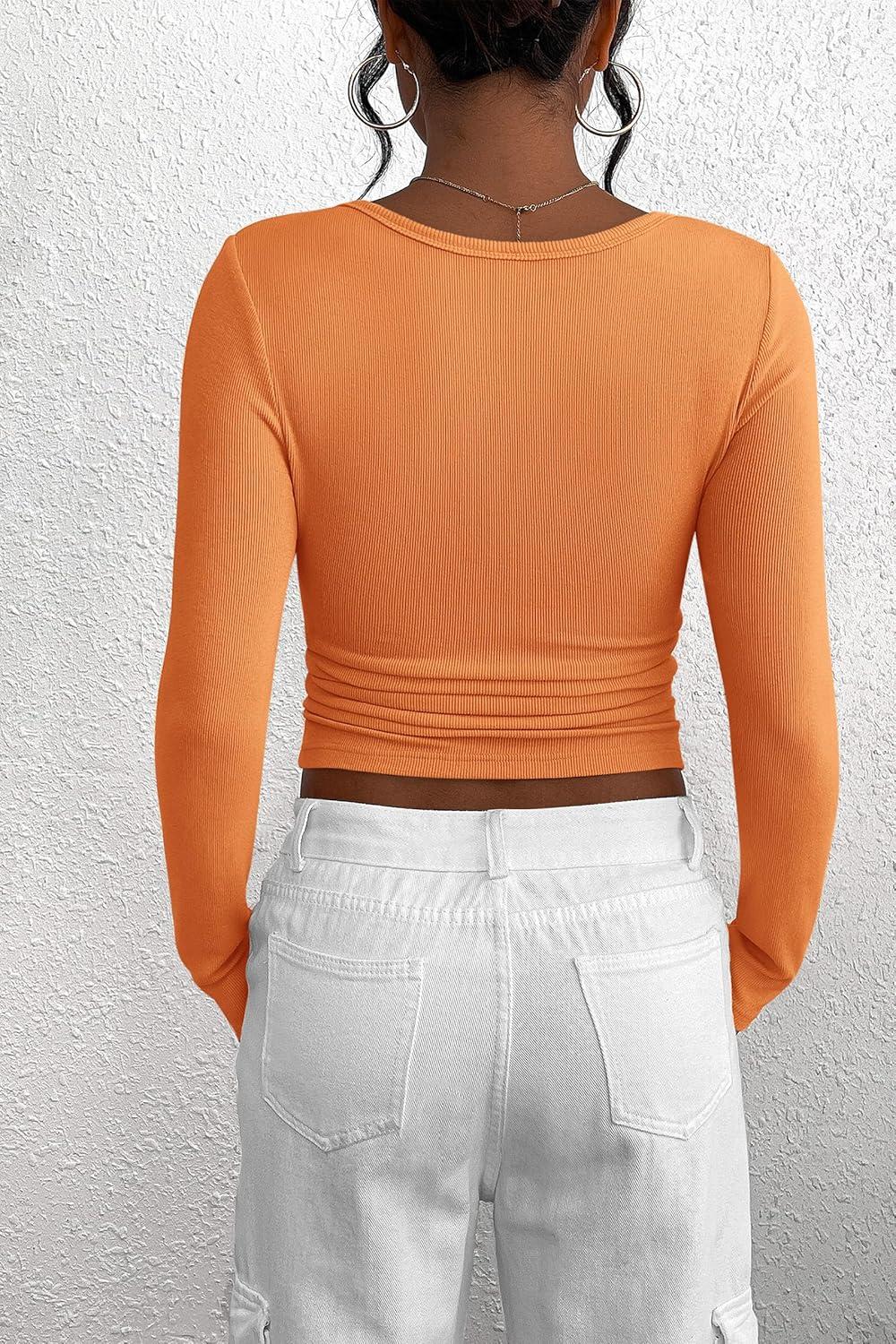 imagePRETTYGARDEN Womens 2025 Fall Long Sleeve Henley T Shirts Button Ribbed Knit Slim Fit Basic Tops Blouse Casual OutfitsOrange