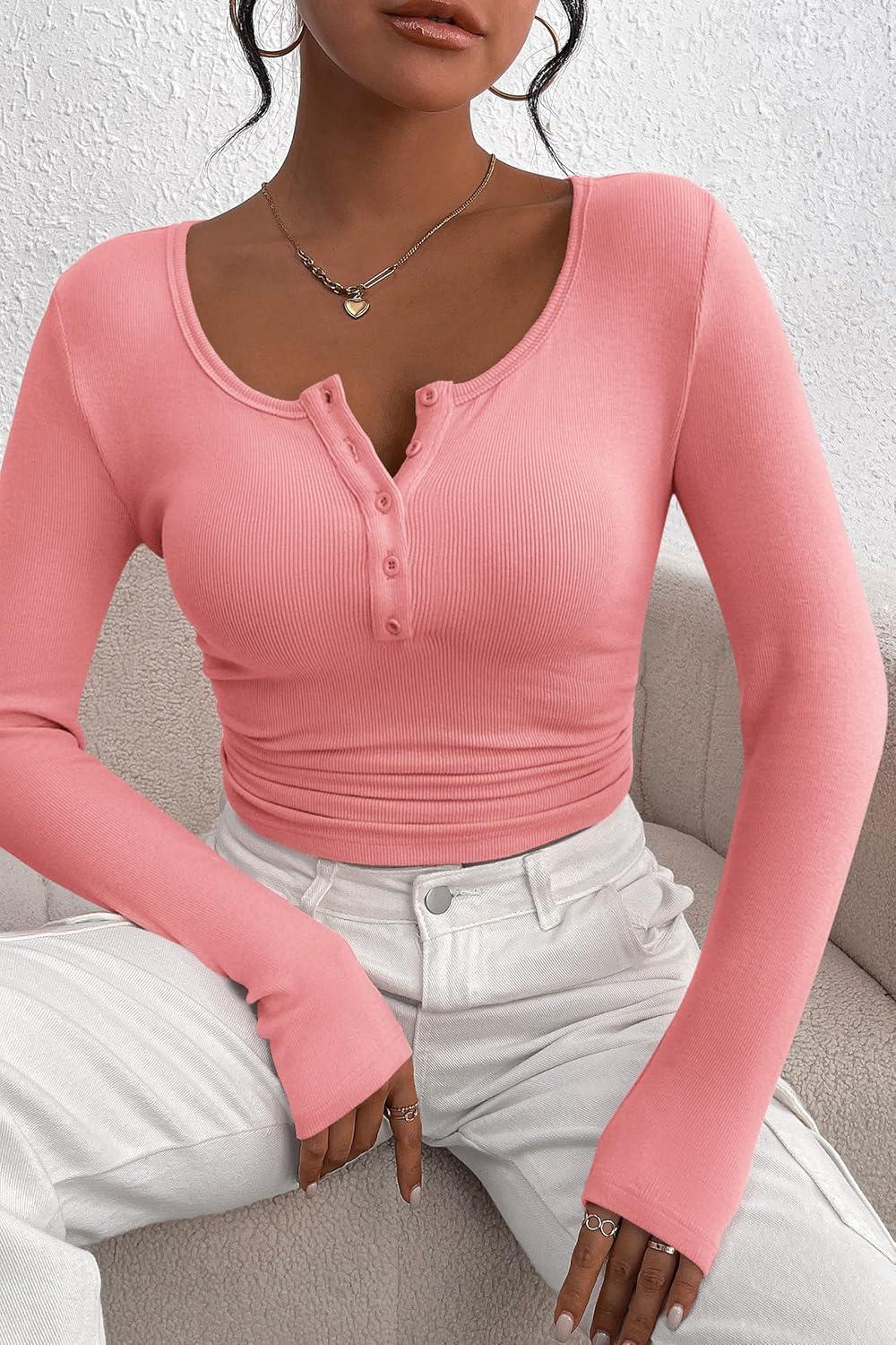 imagePRETTYGARDEN Womens 2025 Fall Long Sleeve Henley T Shirts Button Ribbed Knit Slim Fit Basic Tops Blouse Casual OutfitsPink