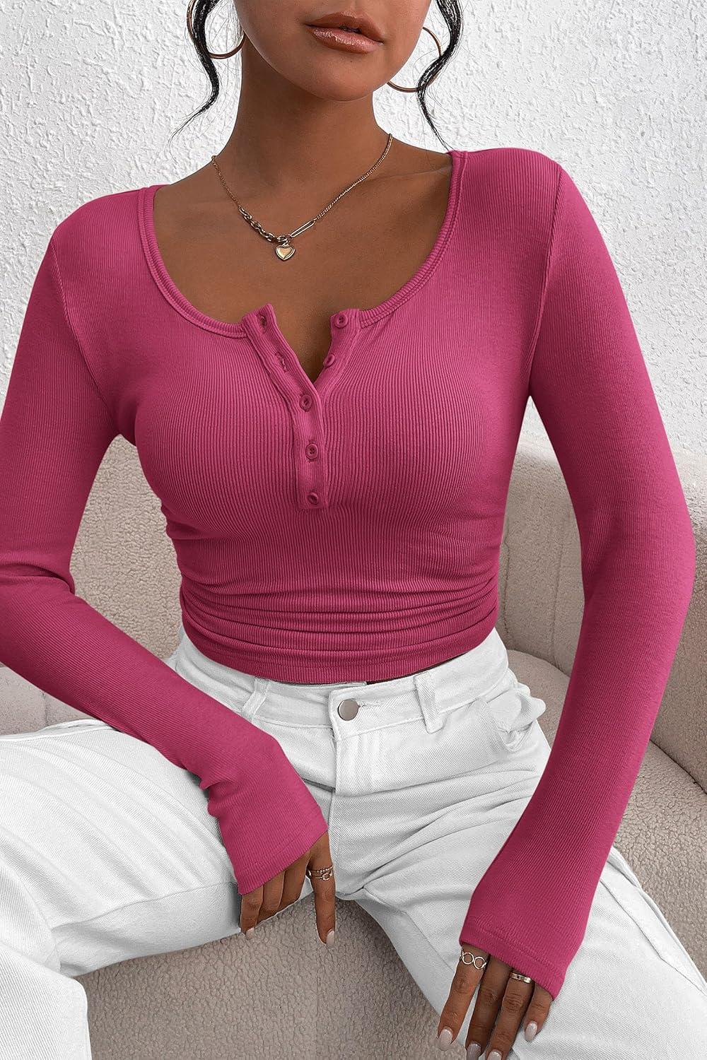 imagePRETTYGARDEN Womens 2025 Fall Long Sleeve Henley T Shirts Button Ribbed Knit Slim Fit Basic Tops Blouse Casual OutfitsRose Red