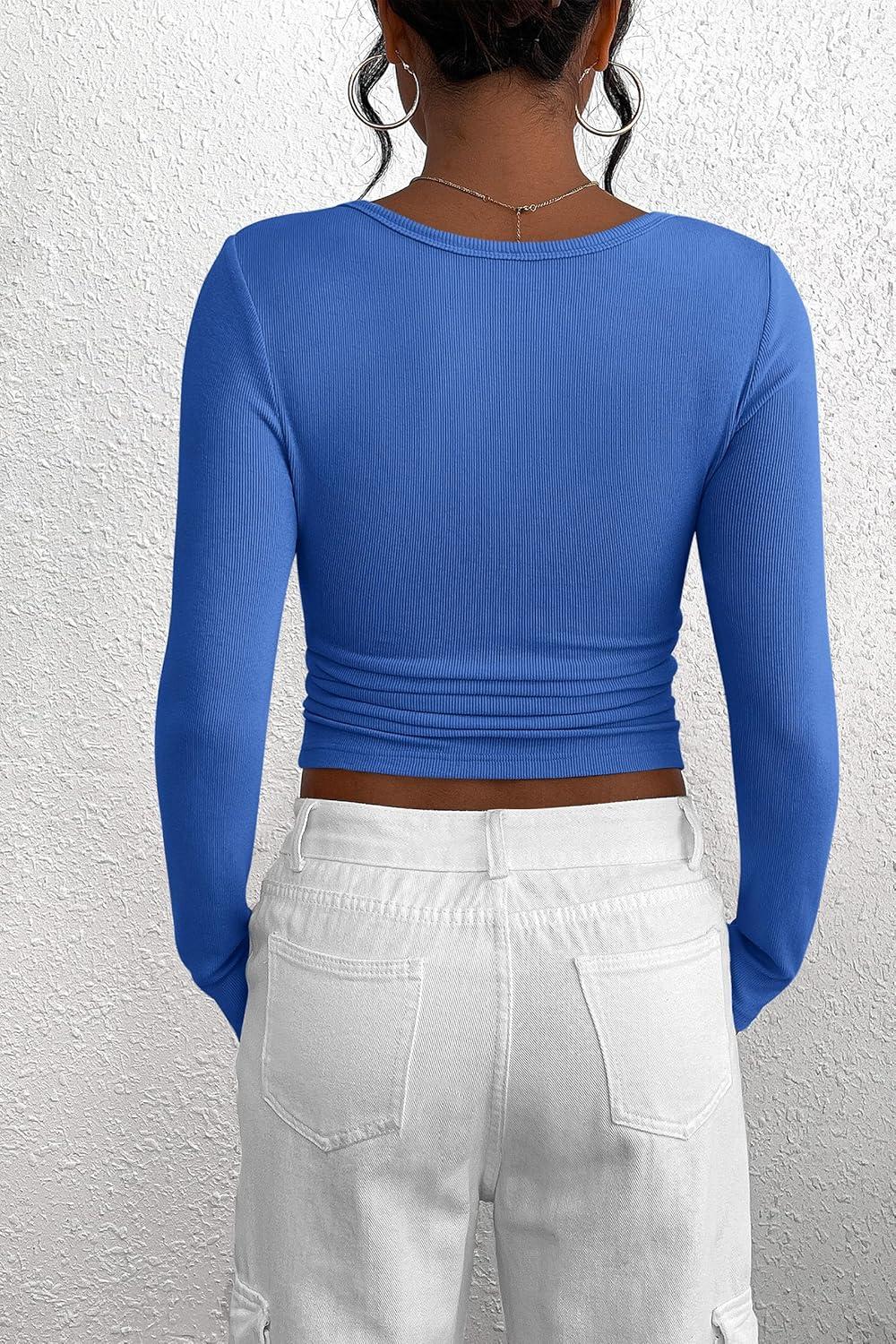 imagePRETTYGARDEN Womens 2025 Fall Long Sleeve Henley T Shirts Button Ribbed Knit Slim Fit Basic Tops Blouse Casual OutfitsRoyal Blue