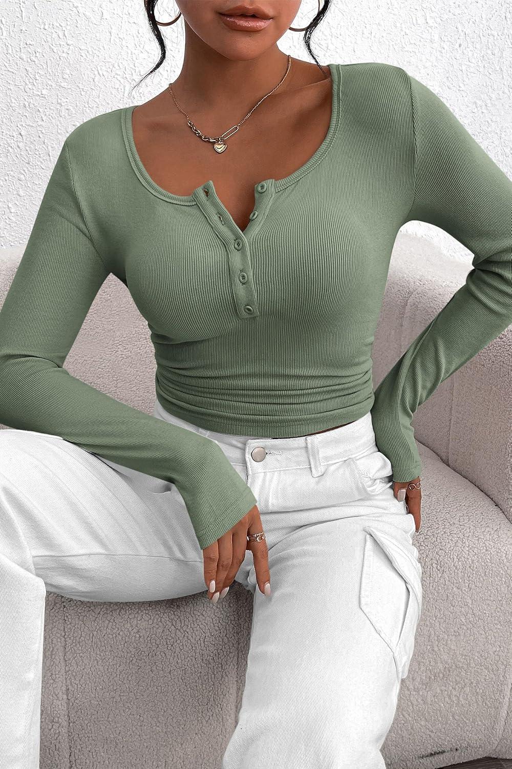 imagePRETTYGARDEN Womens 2025 Fall Long Sleeve Henley T Shirts Button Ribbed Knit Slim Fit Basic Tops Blouse Casual OutfitsSage Green